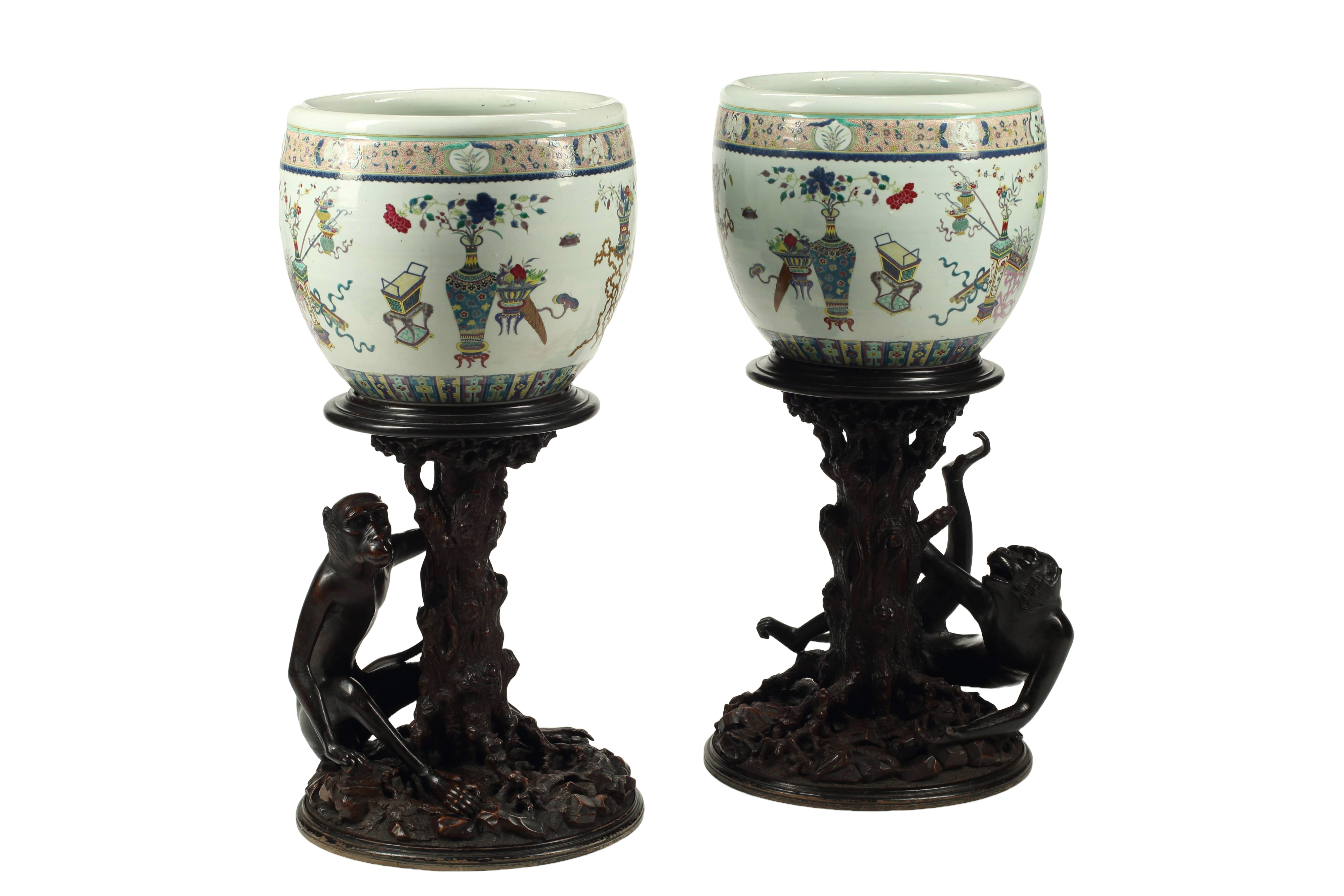 Pair of Chinese Polychrome Porcelain Planters on Wood Bases, 19th Century