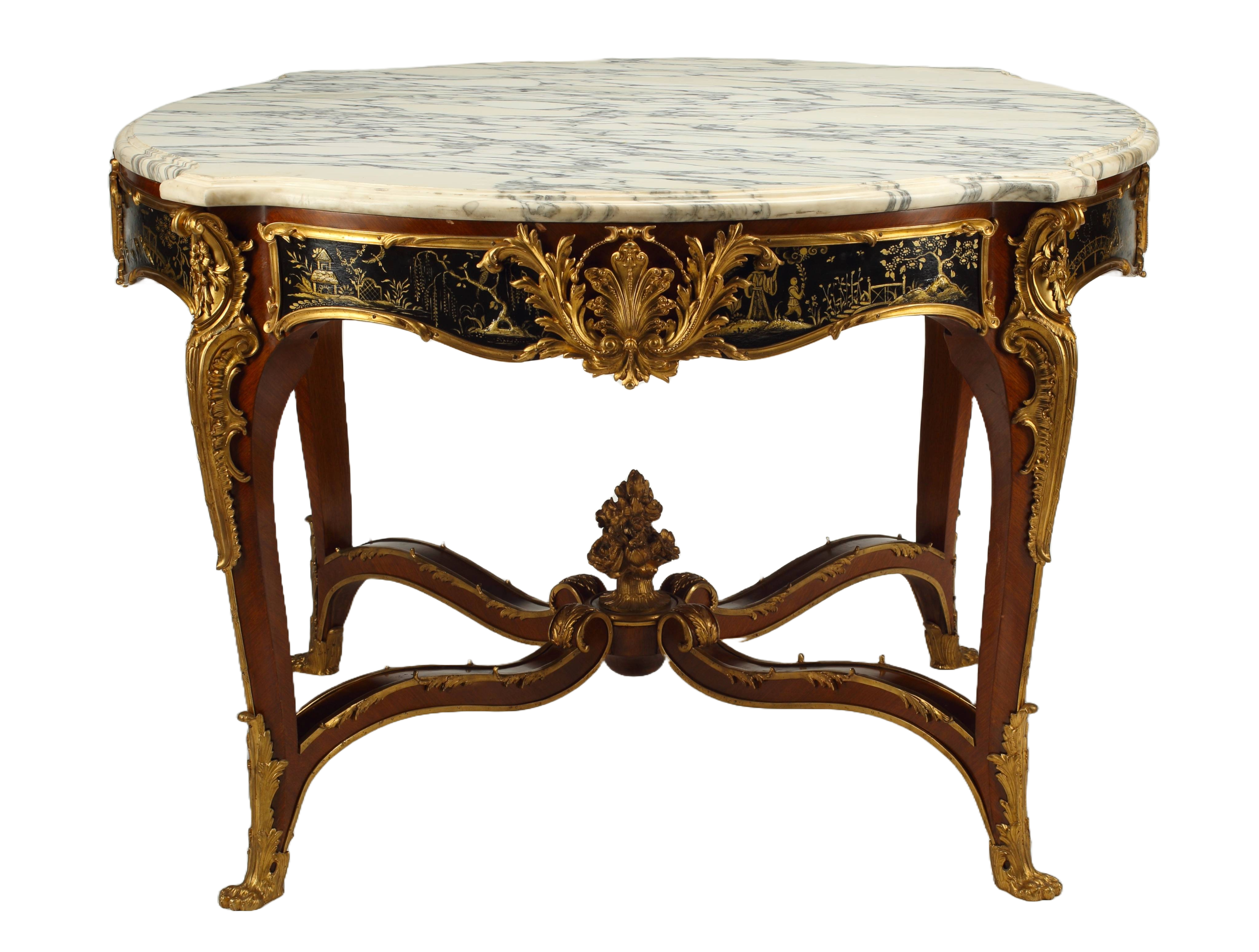 French Louis XV Style Black Japanned Lacquer Table with Dore Bronze Mounts and Marble Top