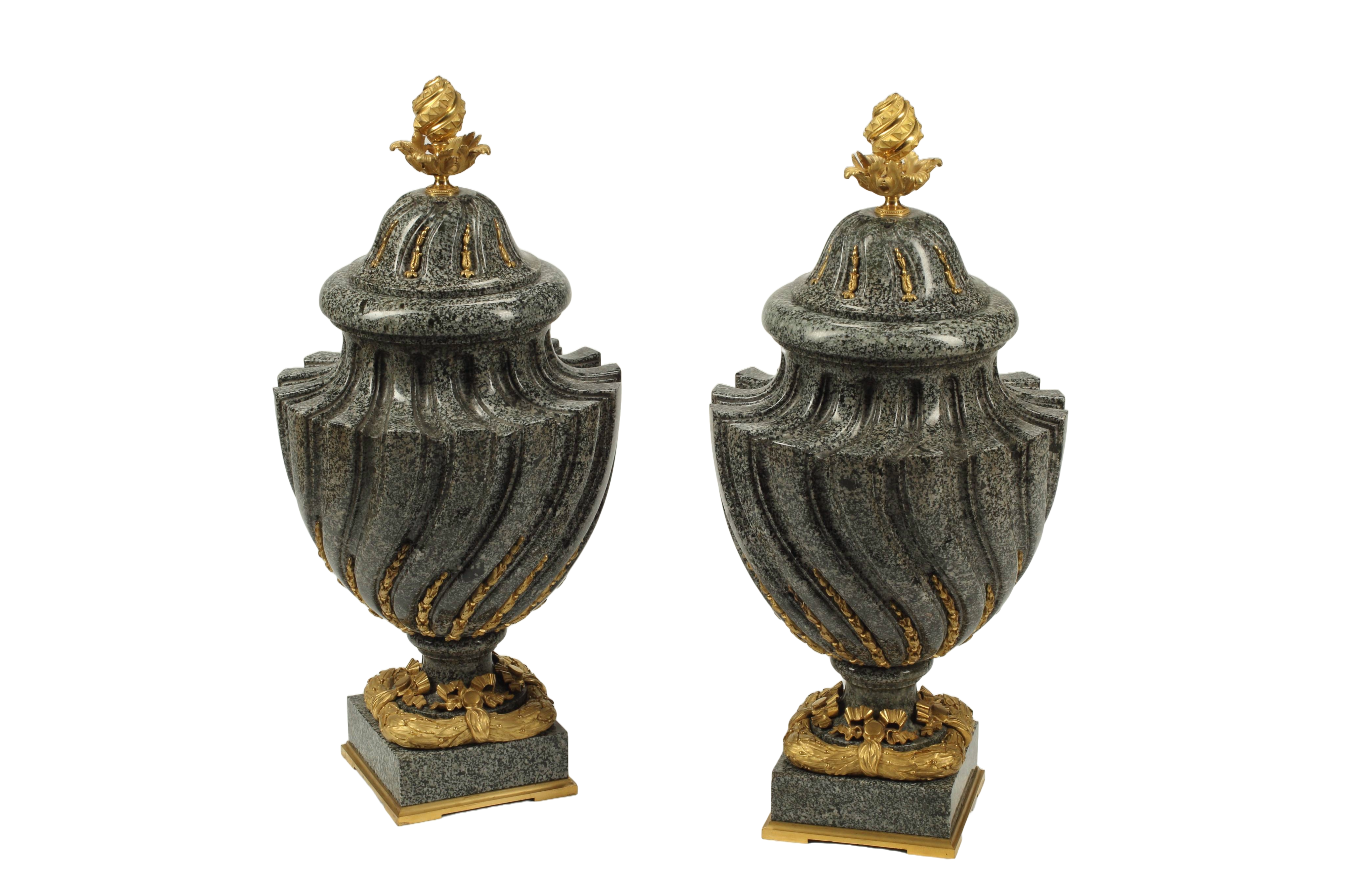 Pair of Granite Urns with Gilt Bronze Mounts, 19th Century French