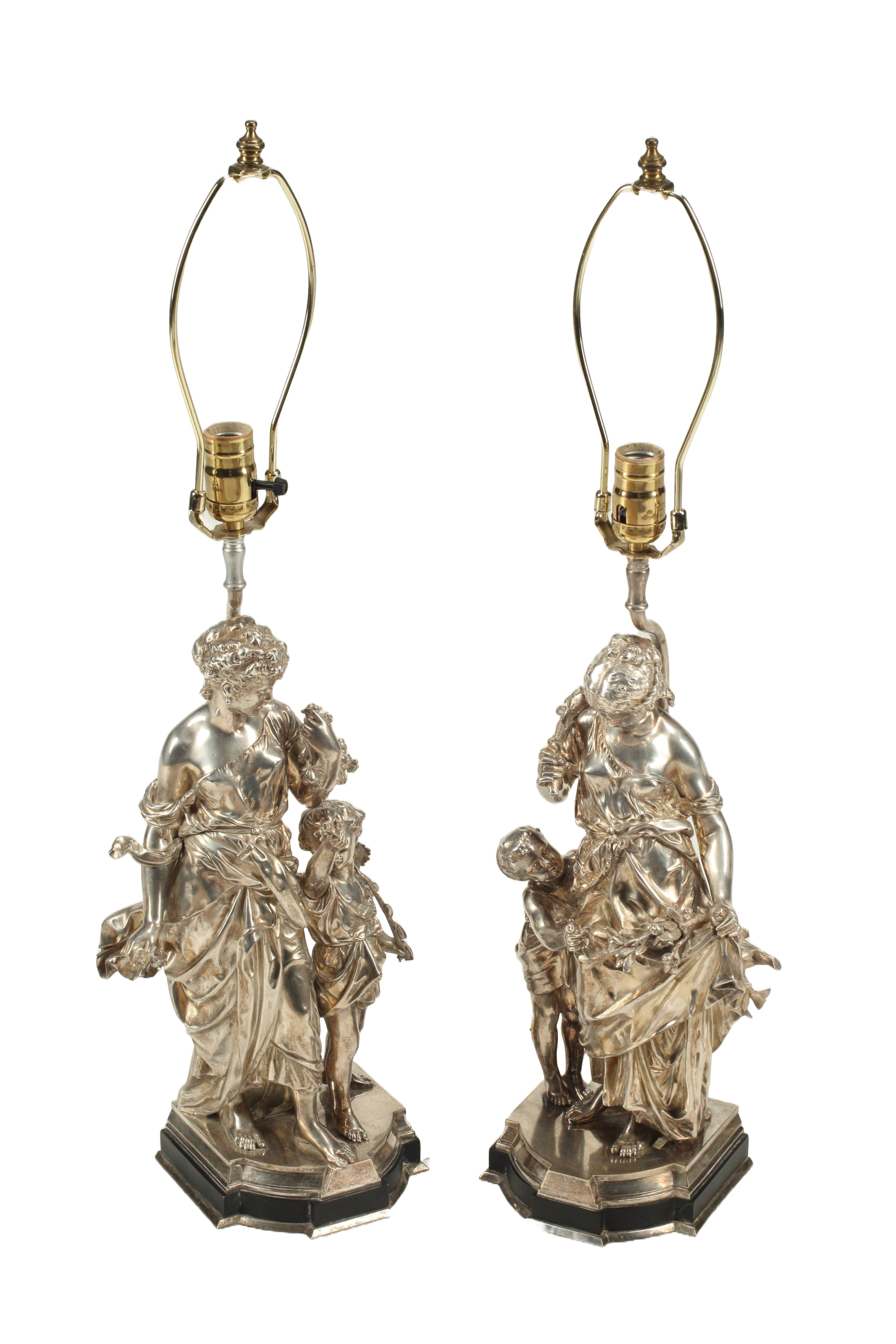 Pair of Silvered Bronze Figural Lamps, 19th Century French