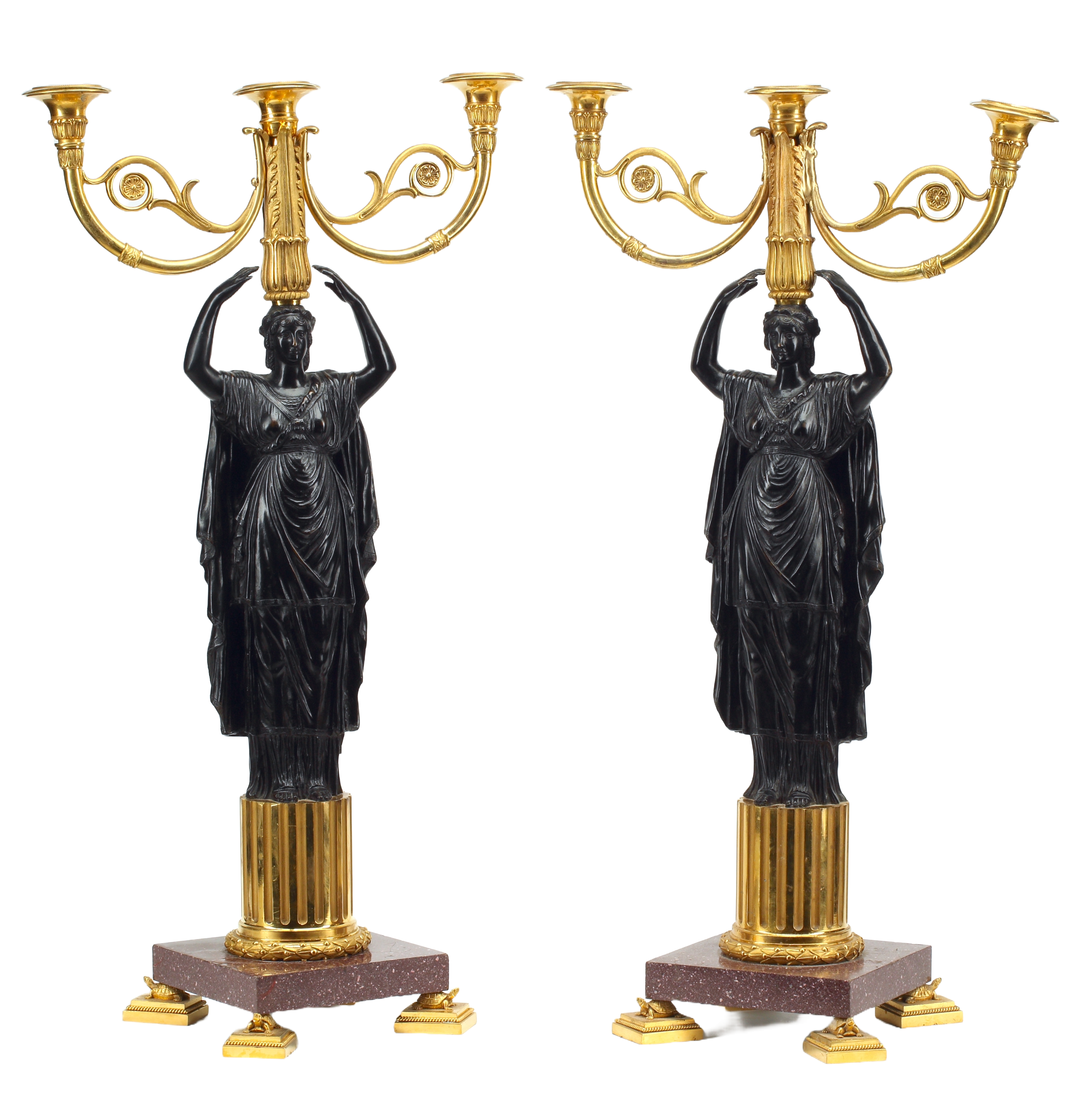 Pair of Patinated and Gilt Bronze Candelabra, 19th Century French Empire