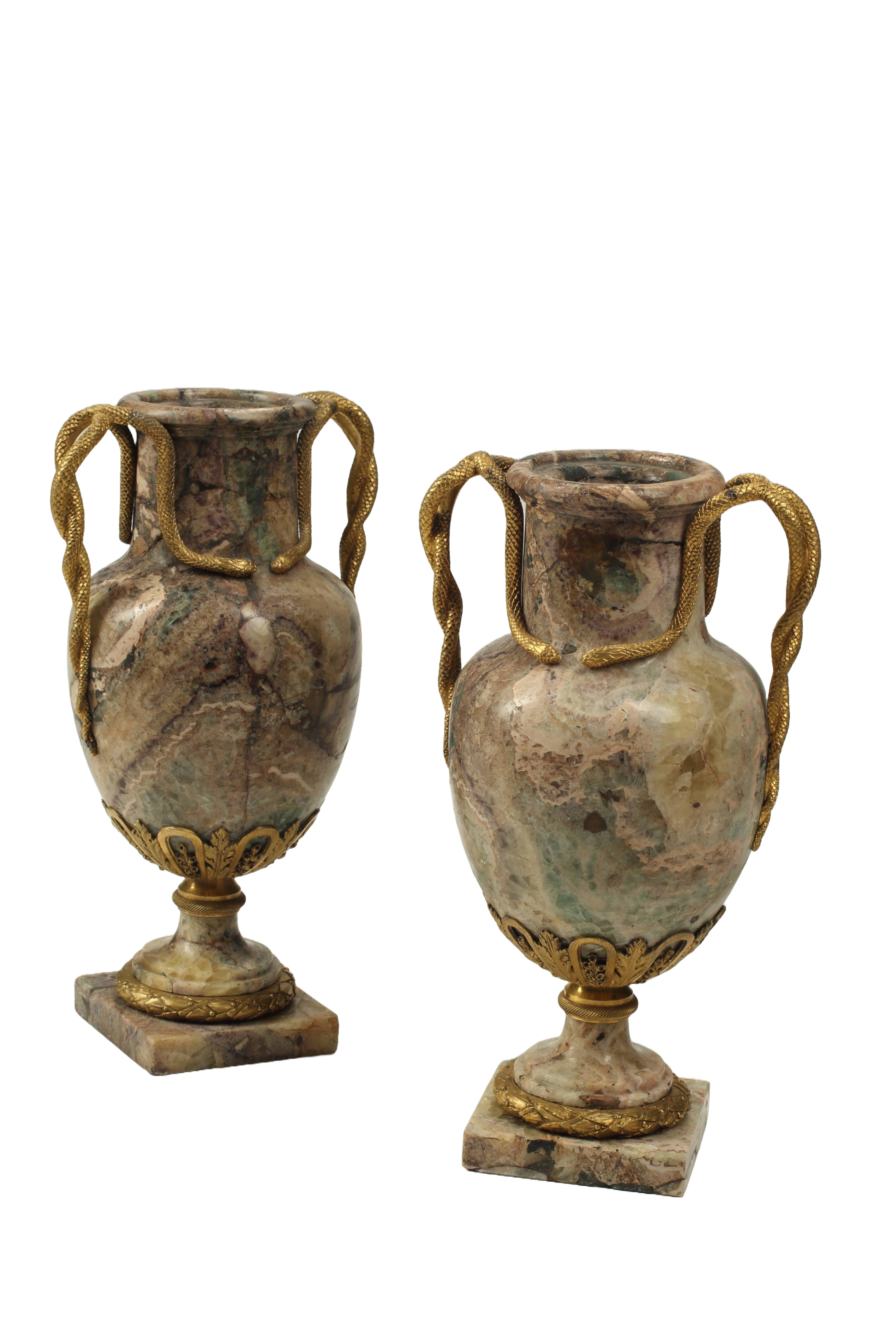 Pair of Marble Urns with Ormolu Bronze Mounts, French Early 19th Century