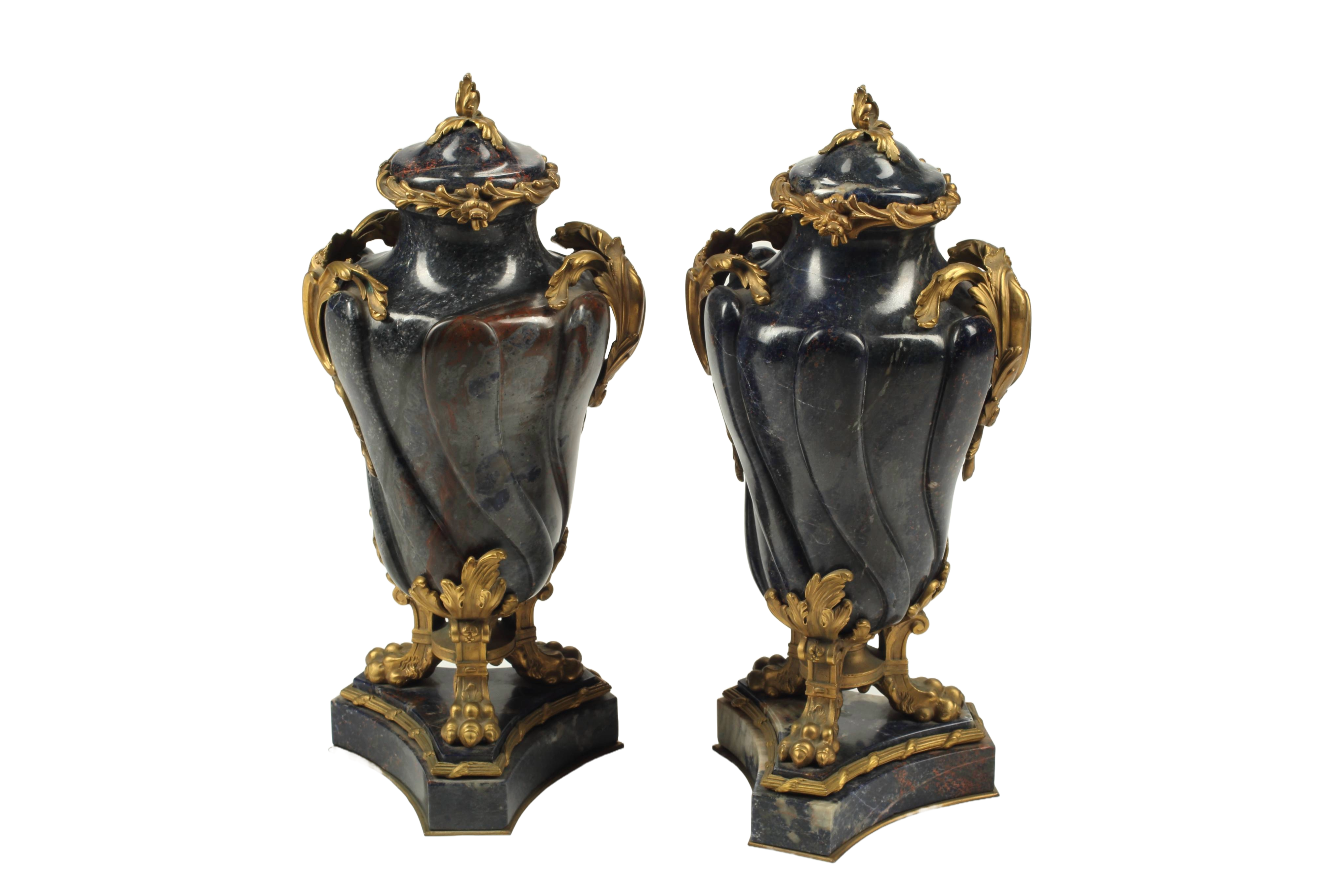 Pair of Blue Marble Urns with Doré Bronze Mounts, 19th Century French