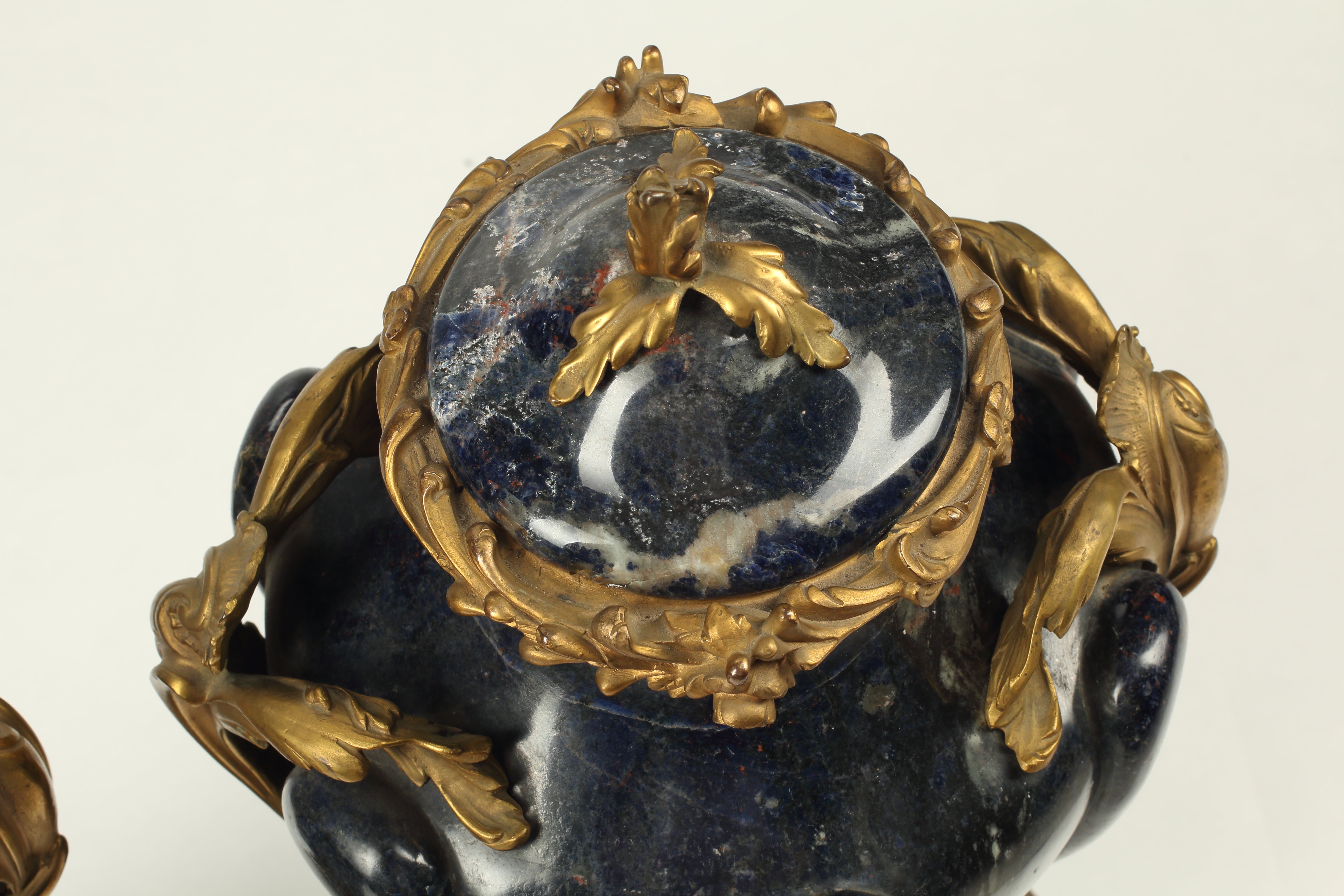 Pair of Blue Marble Urns with Doré Bronze Mounts, 19th Century French