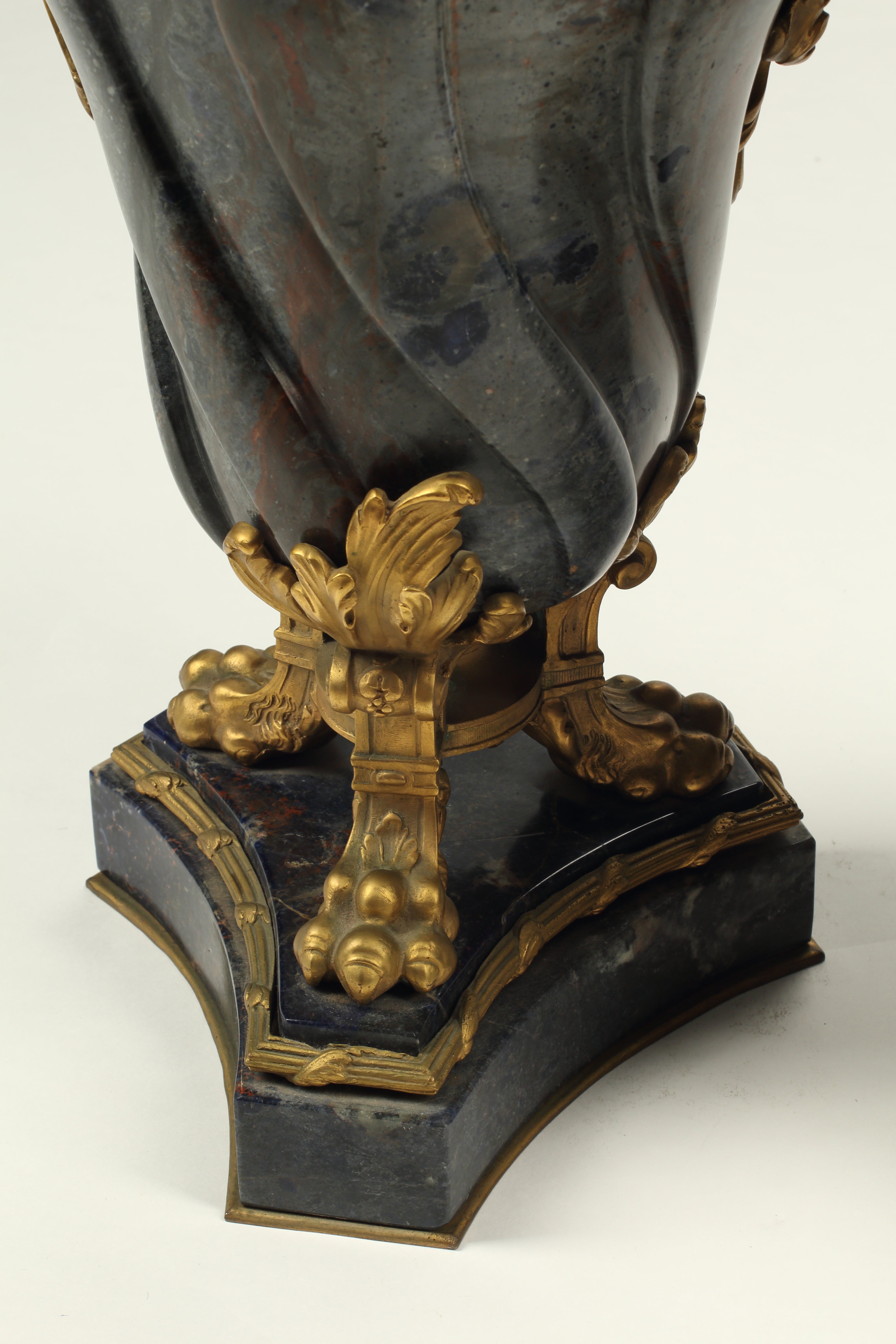 Pair of Blue Marble Urns with Doré Bronze Mounts, 19th Century French