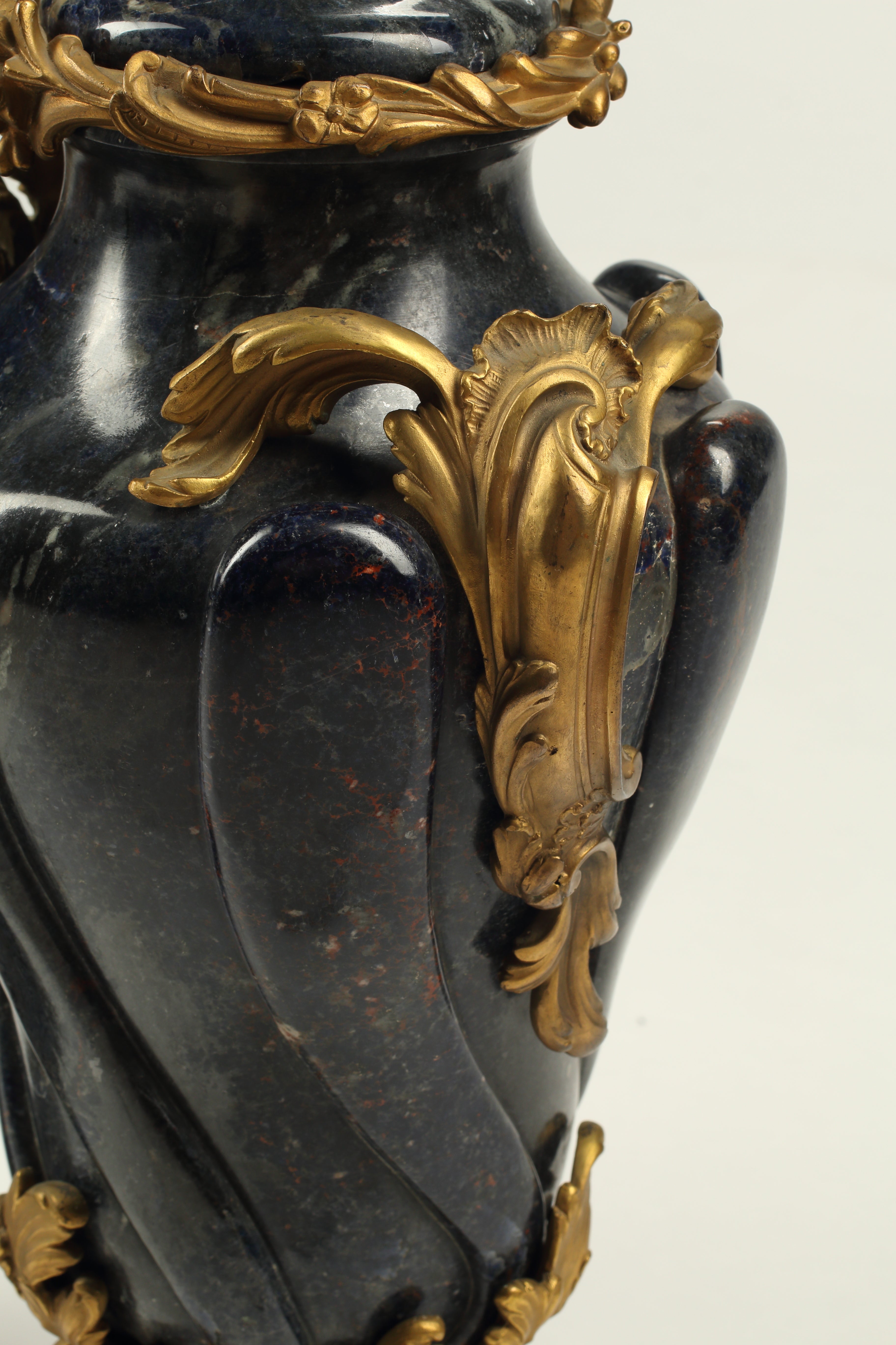 Pair of Blue Marble Urns with Doré Bronze Mounts, 19th Century French