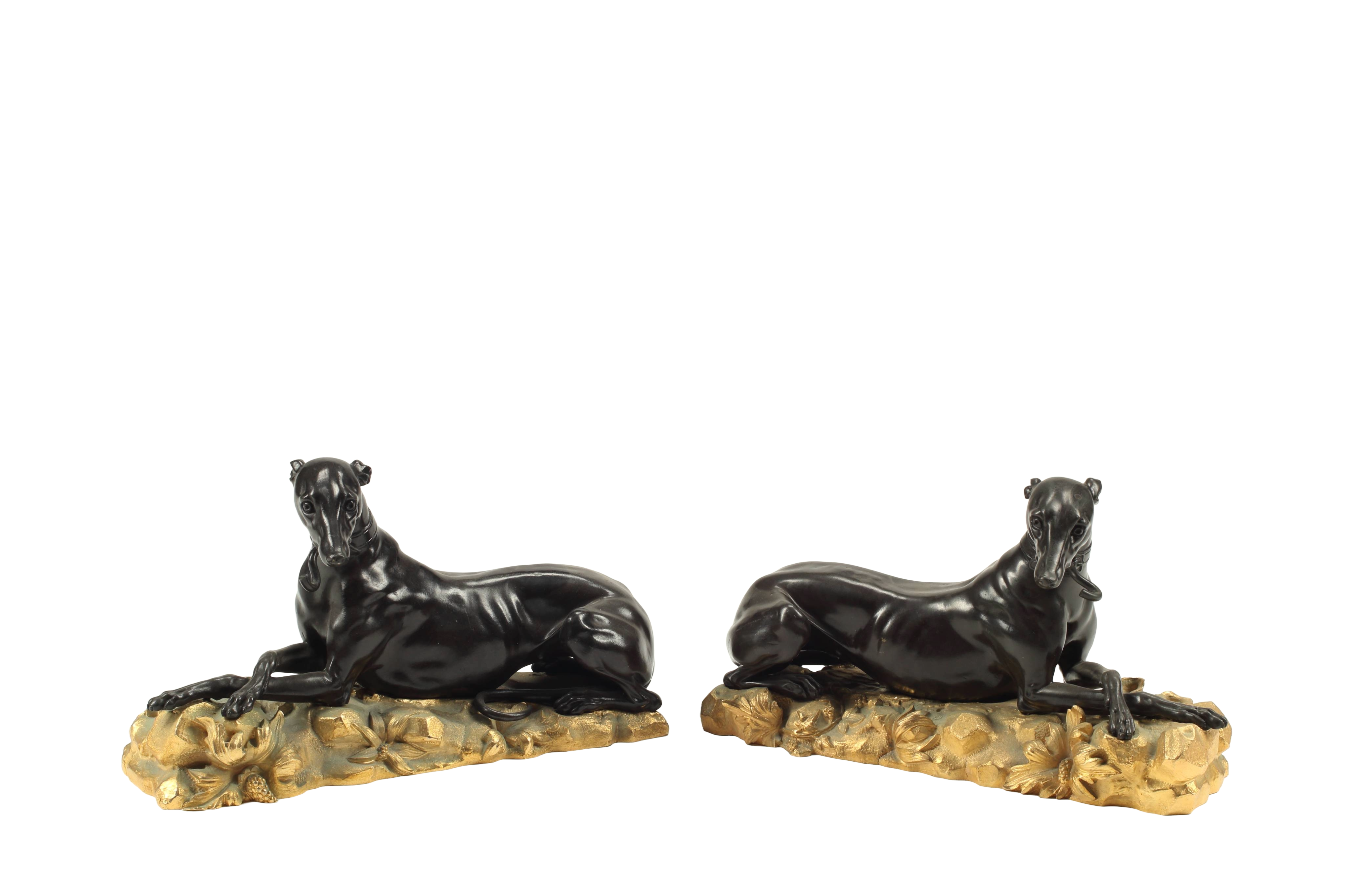 Pair of Ormolu and Patinated Bronze Chenets as Greyhounds, 19th Century French