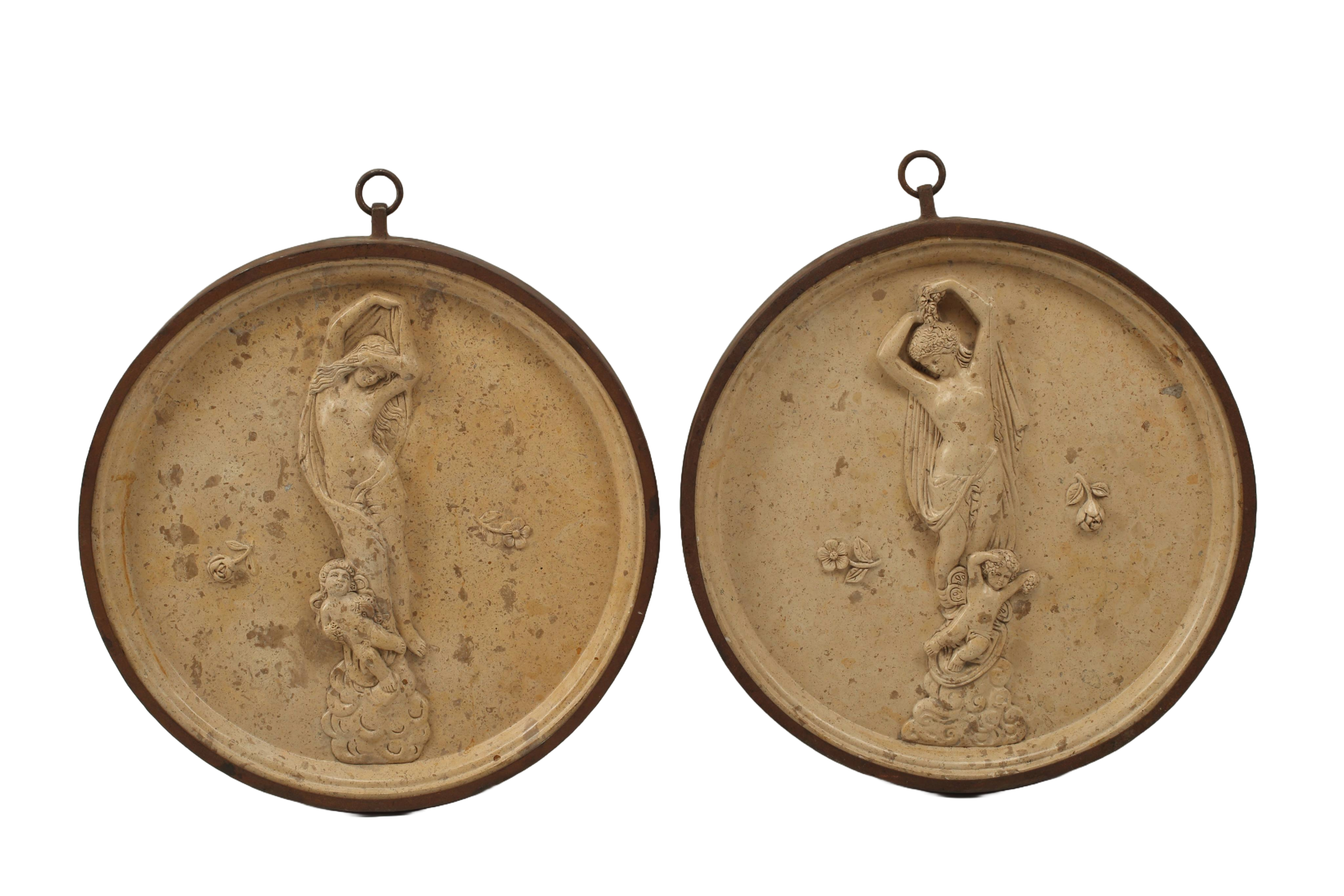 Pair of Round Siena Marble and Iron Reliefs, Early 20th Century Italian