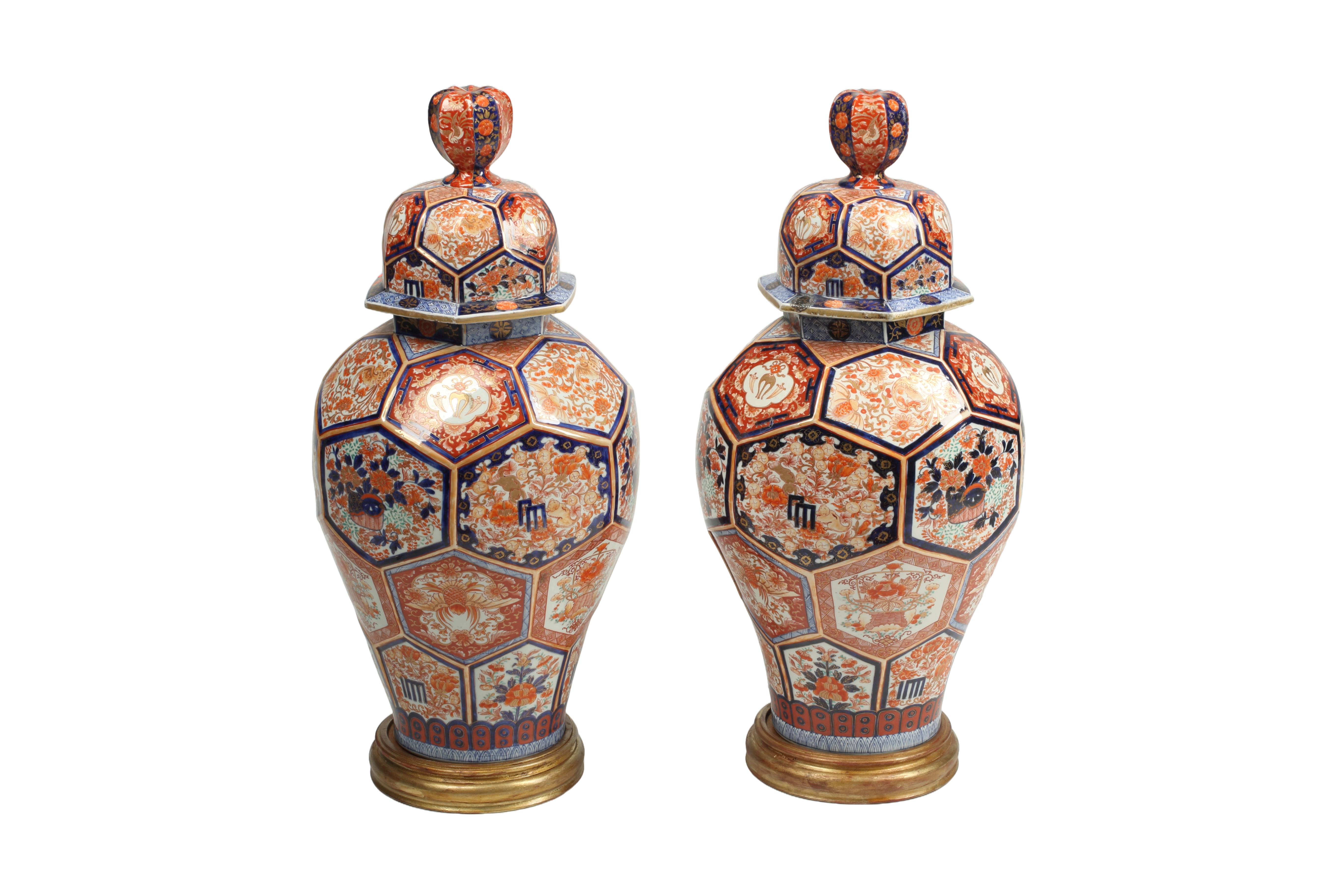 Pair of Large 19th Century Japanese Imari Porcelain Temple Jars with Cover