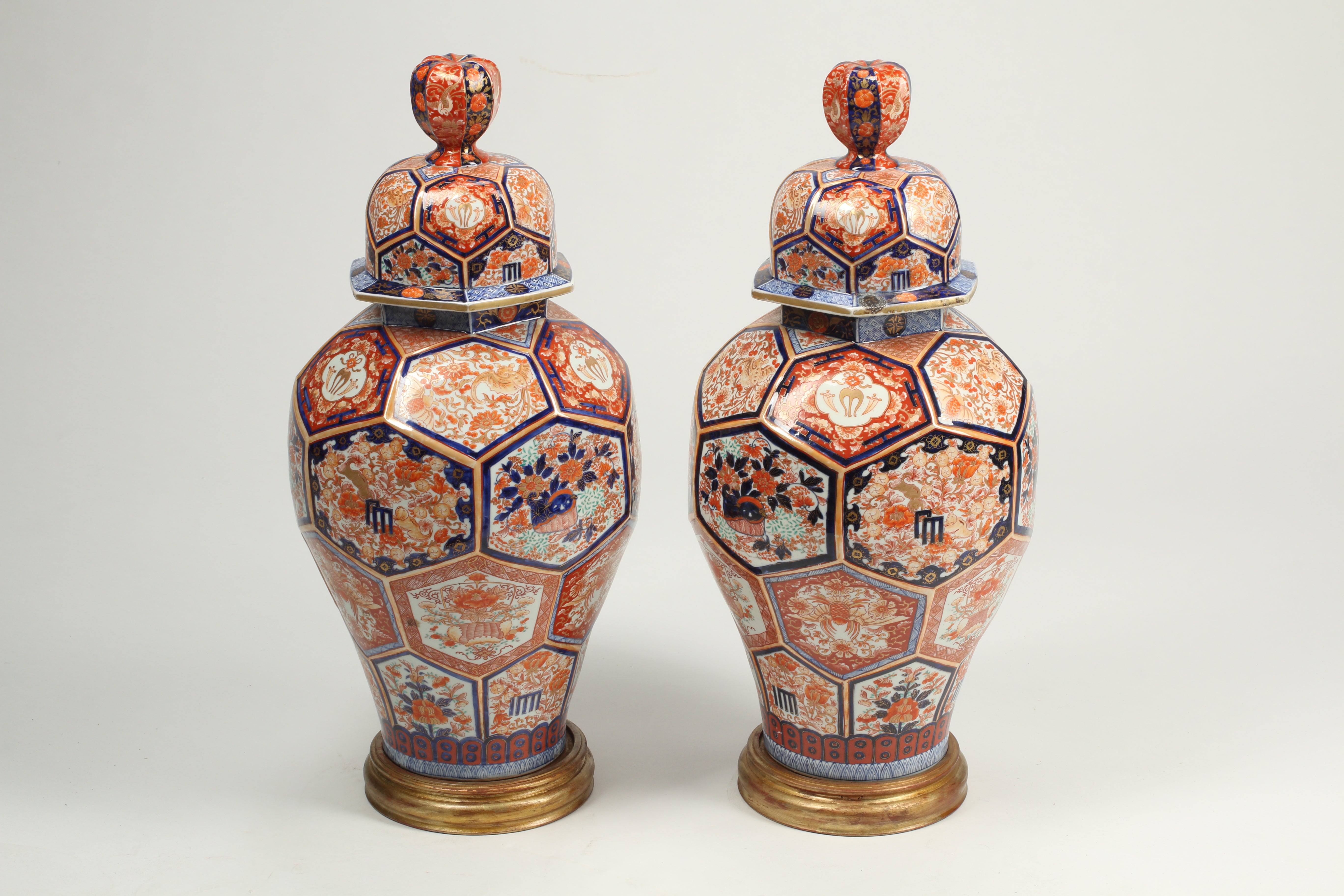 Pair of Large 19th Century Japanese Imari Porcelain Temple Jars with Cover