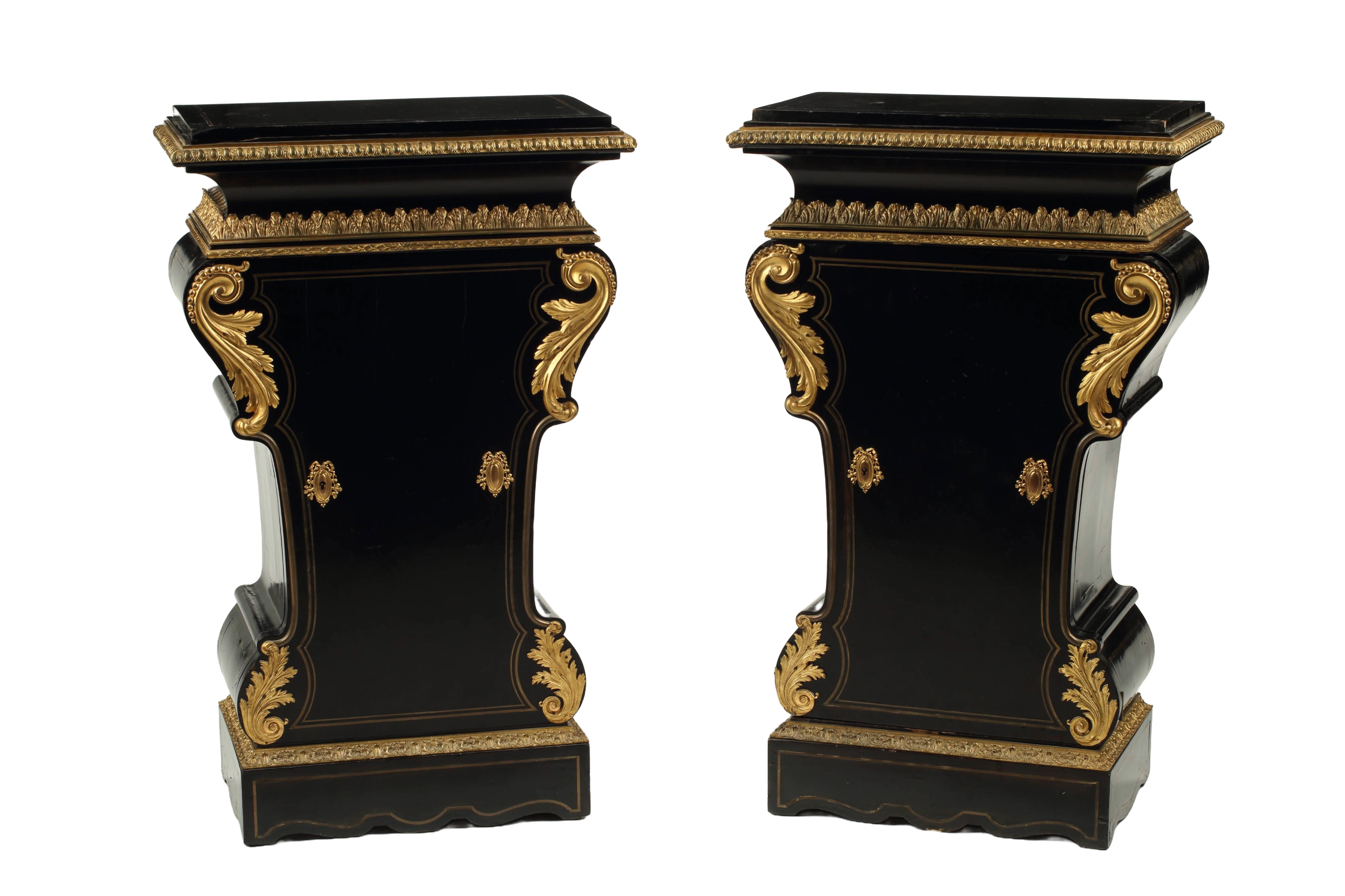 Pair of Régence Style Brass Inlaid and Ebonized Pedestals, 19th Century French