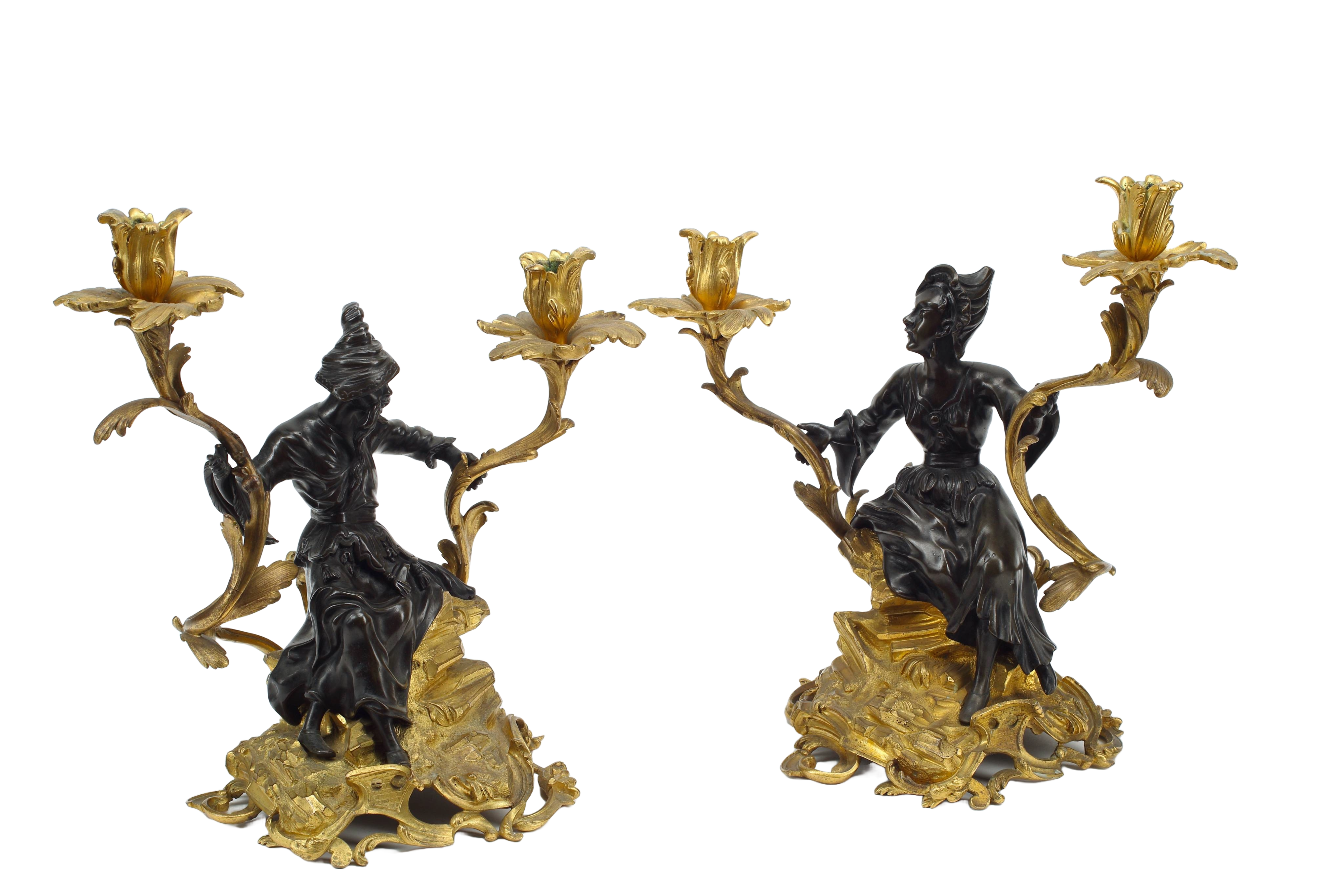 Pair of Ormolu and Patinated Bronze Chinoiserie Candelabra, 19th Century French