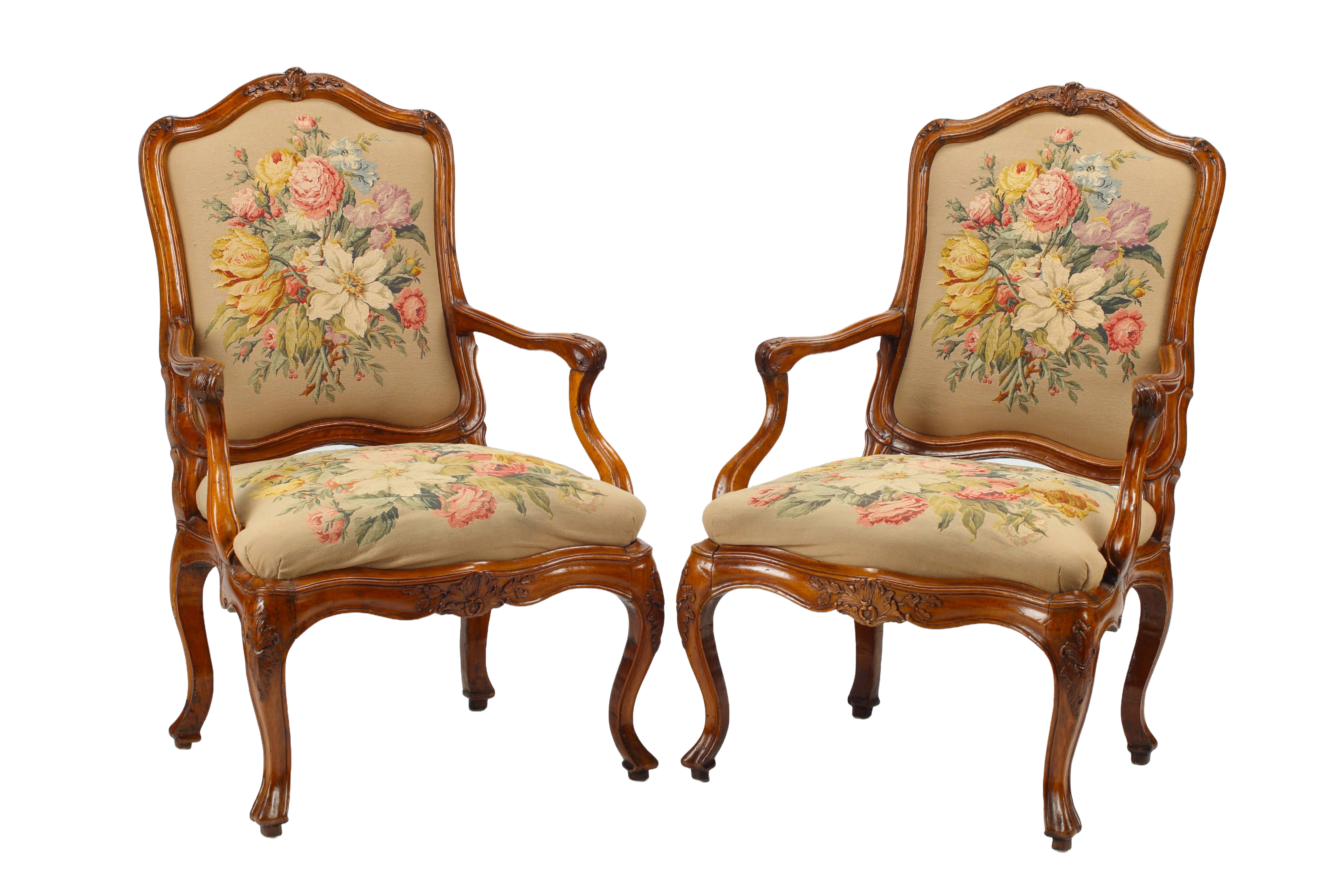 Pair of French Provincial Armchairs with Tapestry Upholstery, 18th Century