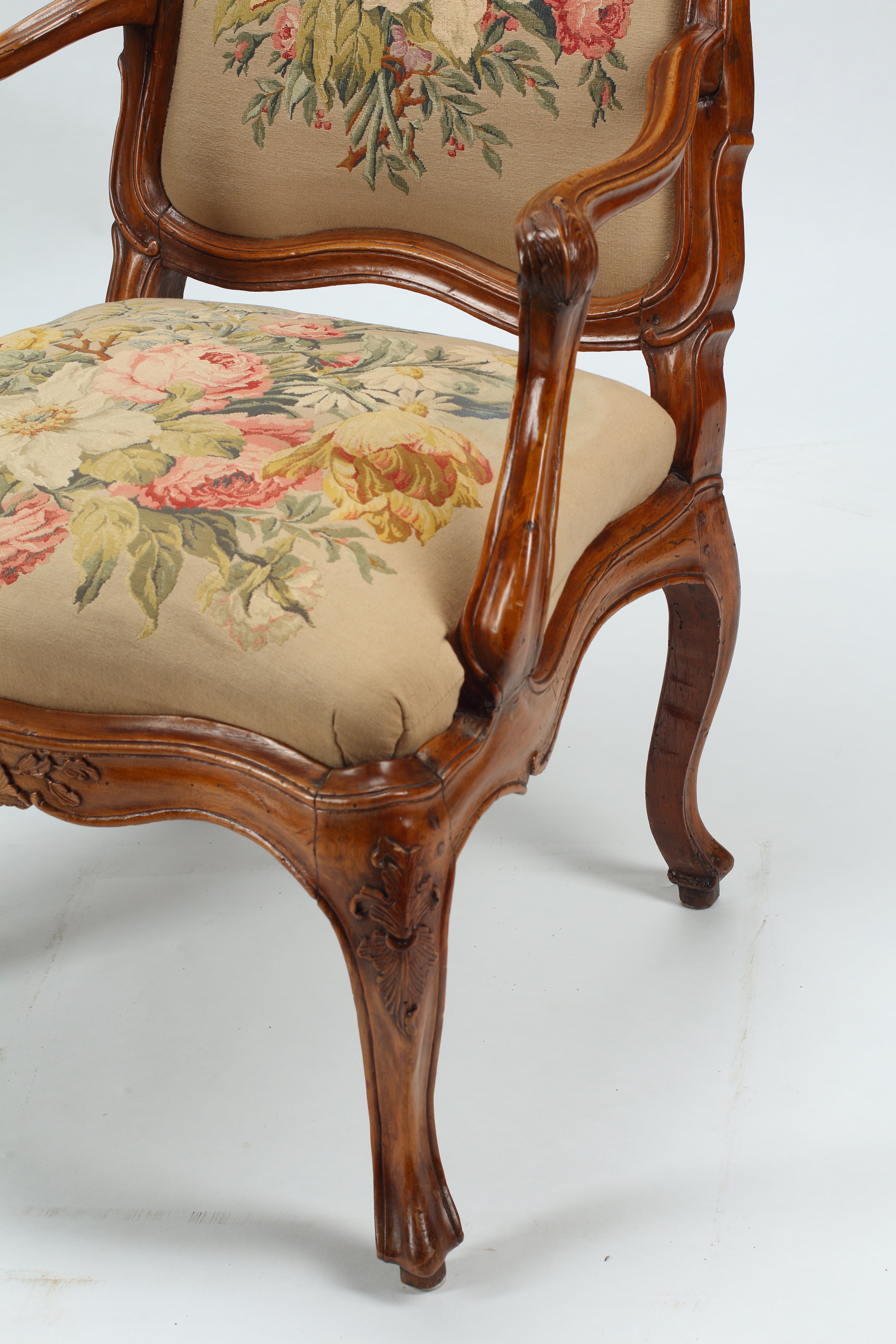 Pair of French Provincial Armchairs with Tapestry Upholstery, 18th Century