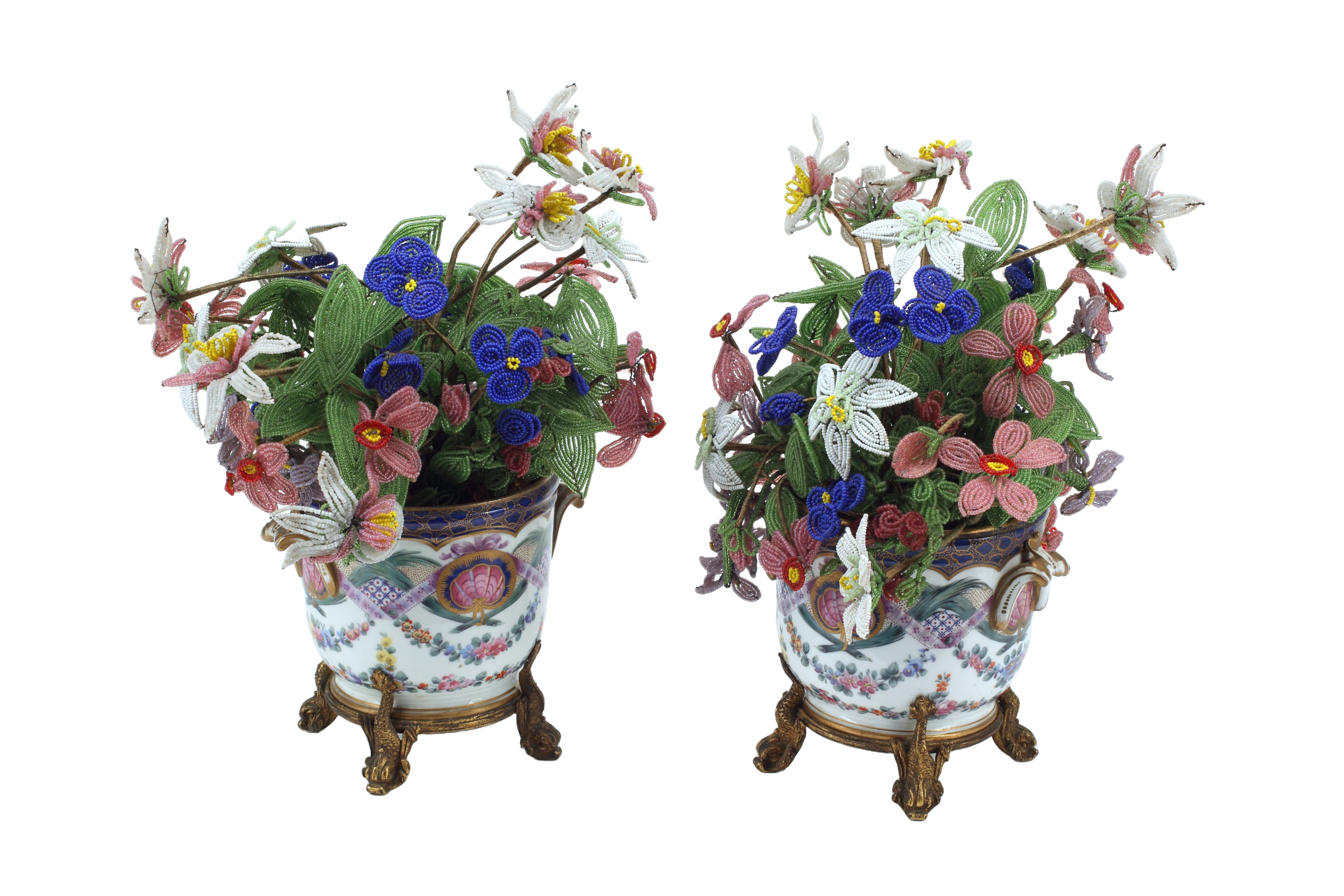 Pair of Sèvres Porcelain Planters with Beaded Floral Bouquet, 19th Century French