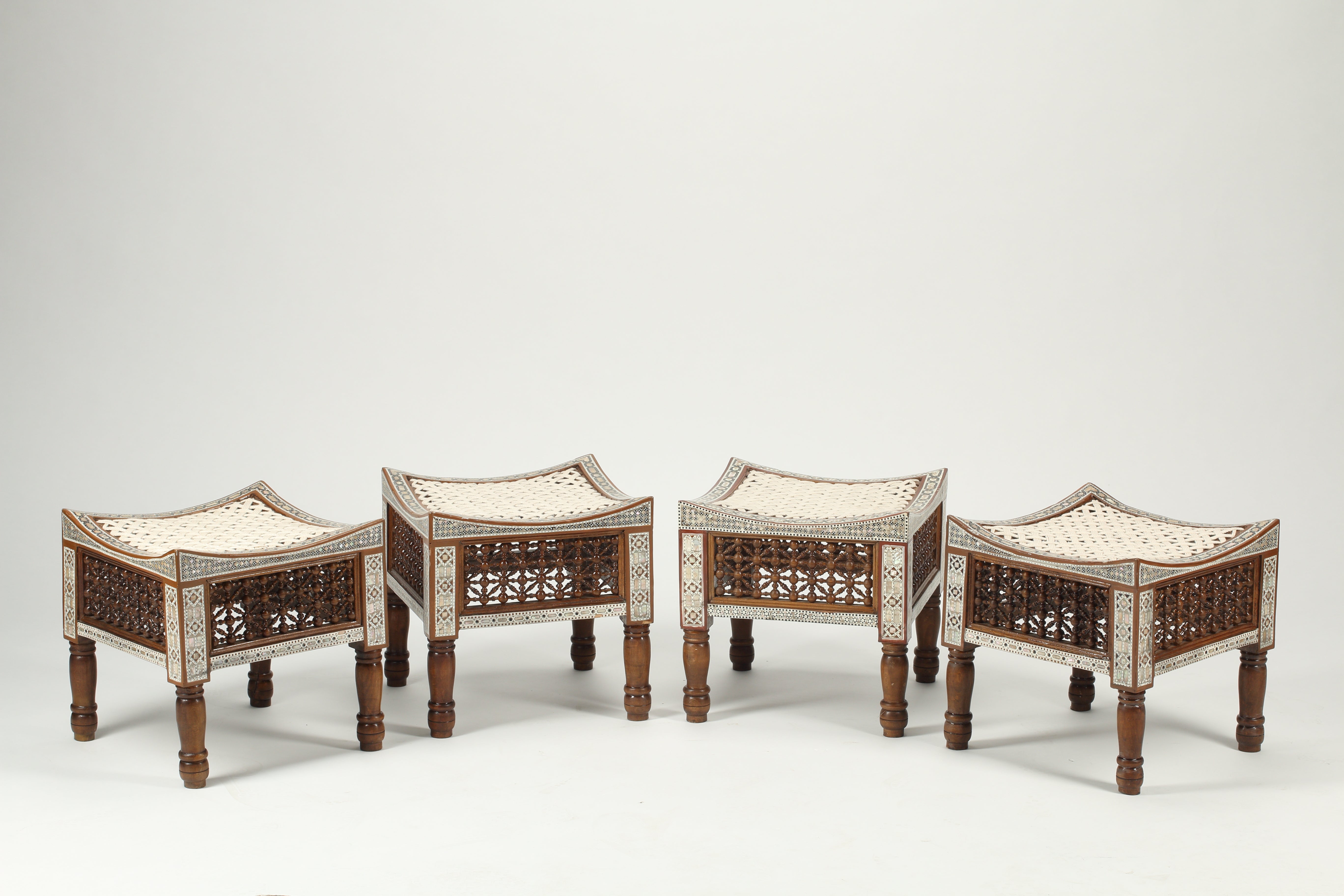 Levantine Mother of Pearl Inlaid Stools, Set of Four