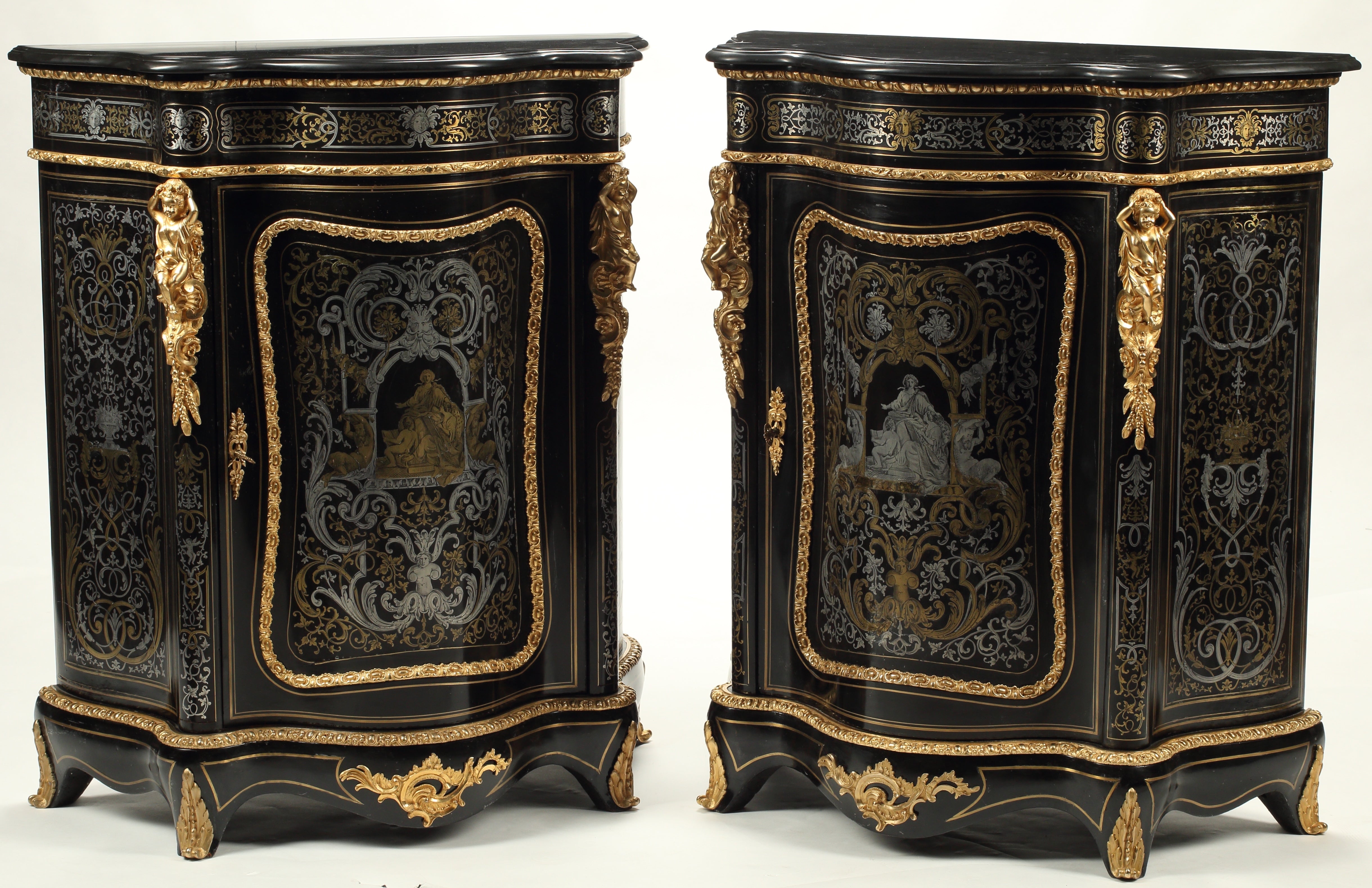 Pair of Boulle Inlay Cabinets with Marble Tops, 19th Century French