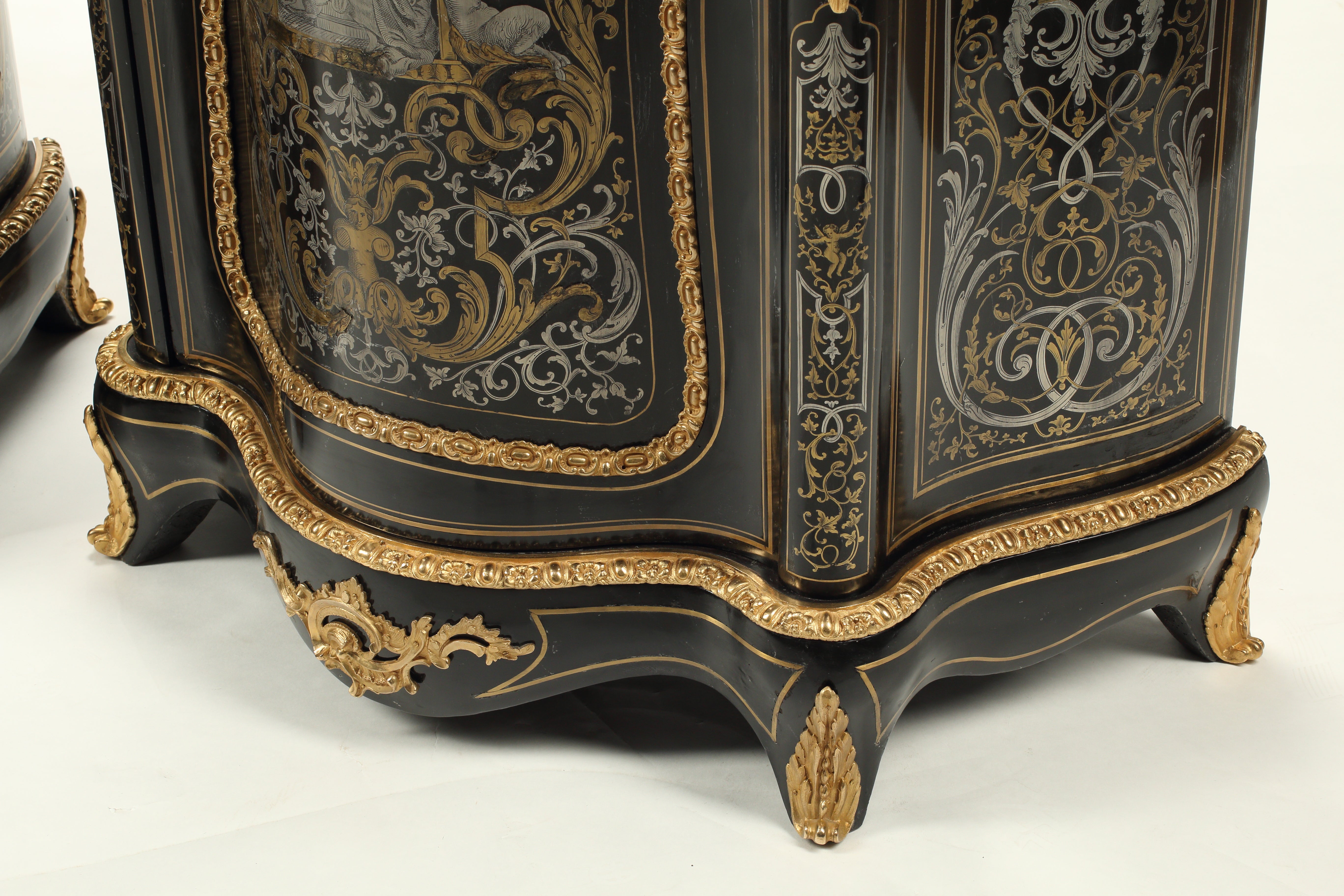 Pair of Boulle Inlay Cabinets with Marble Tops, 19th Century French