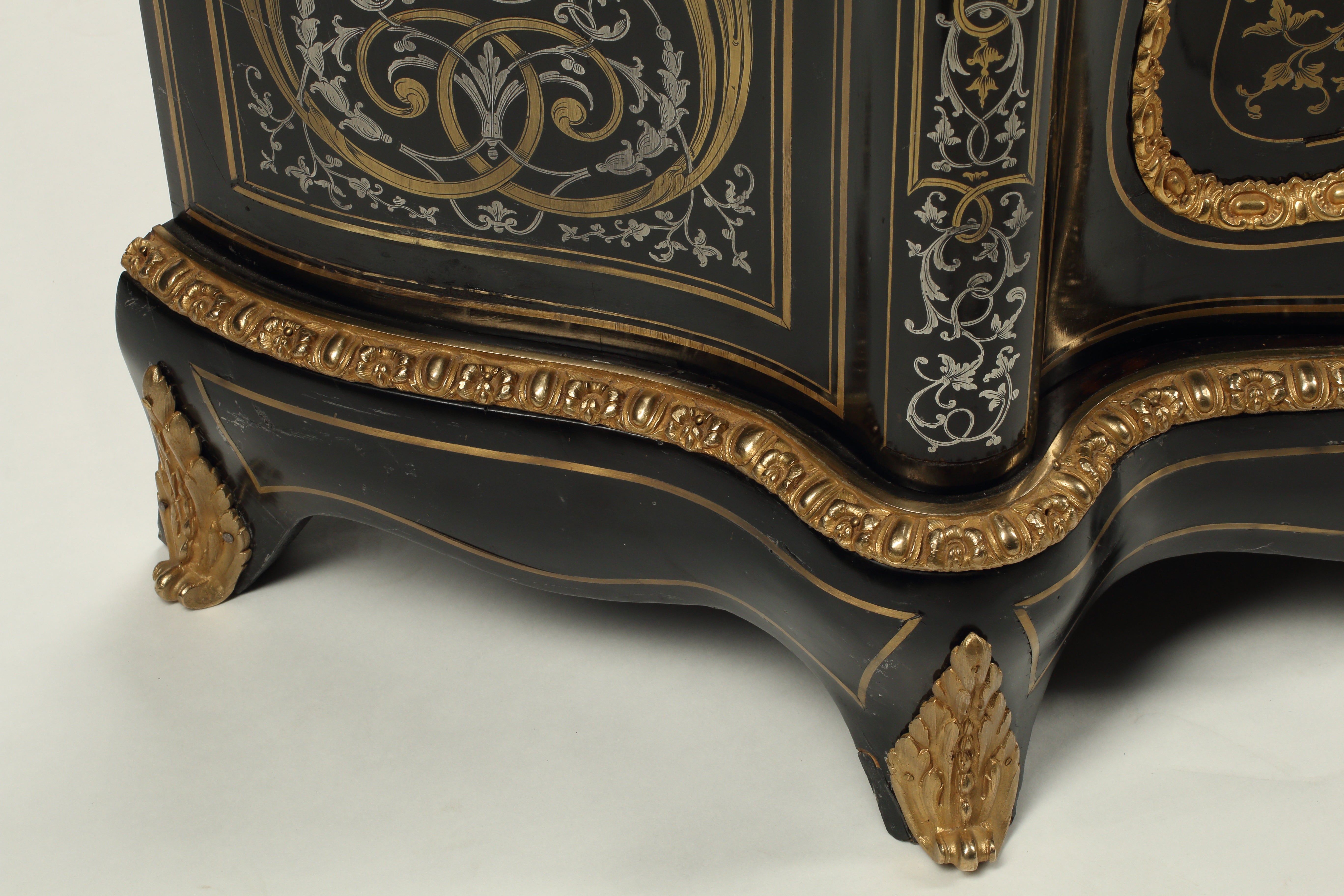 Pair of Boulle Inlay Cabinets with Marble Tops, 19th Century French