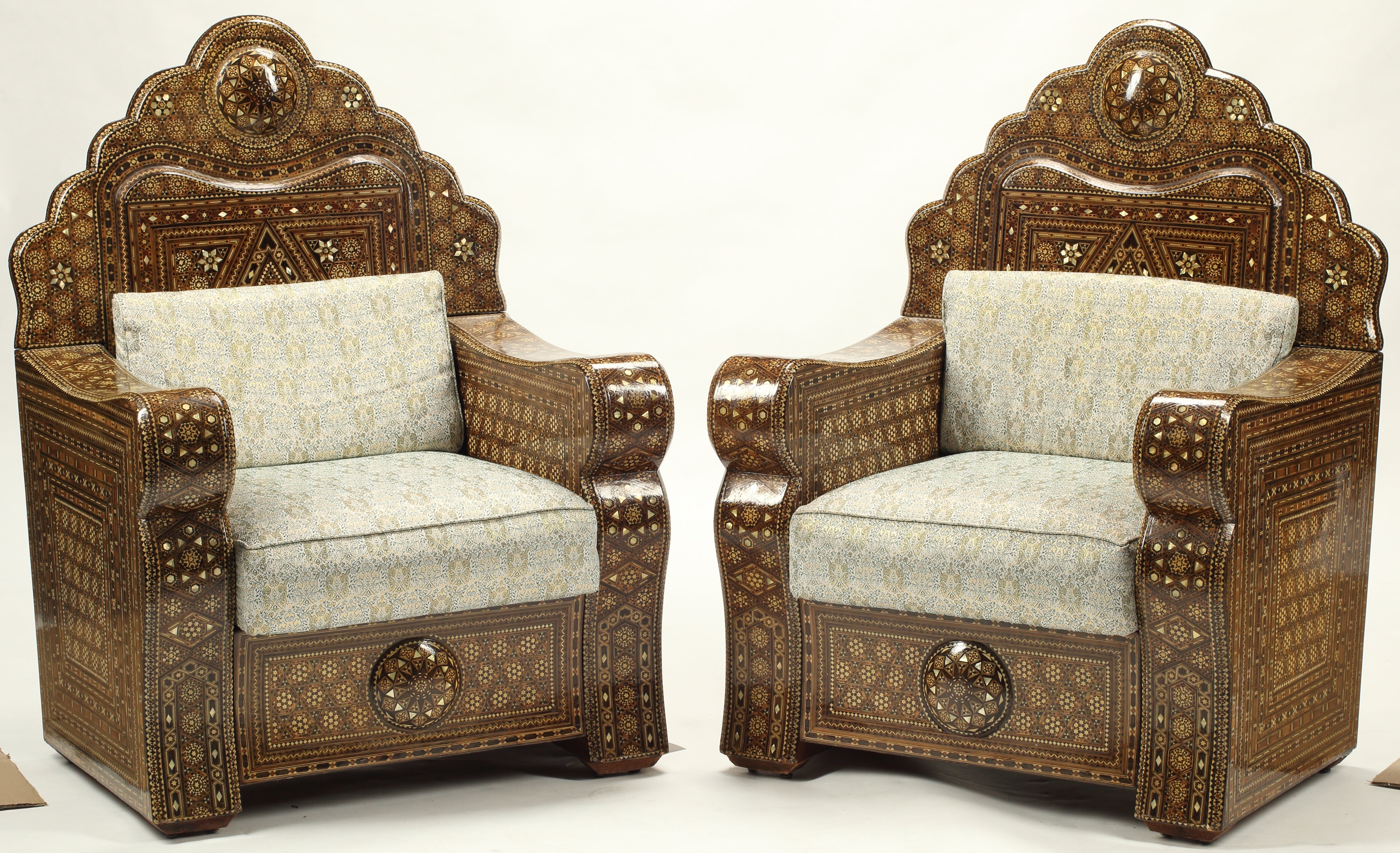 Pair of Moorish Style Inlaid Throne Chairs, 20th Century