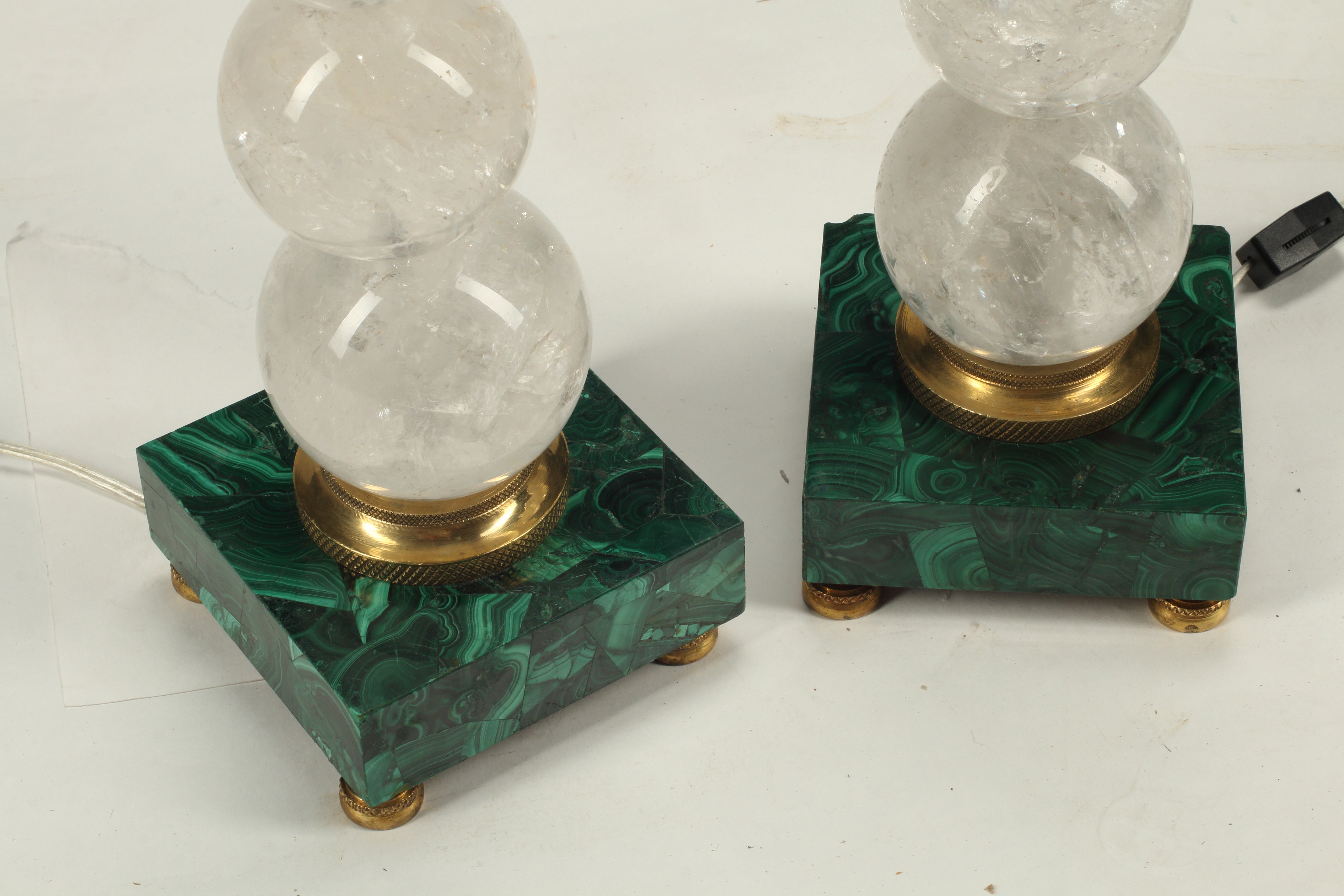 Pair of Rock Crystal Lamps on Malachite Bases, 20th Century