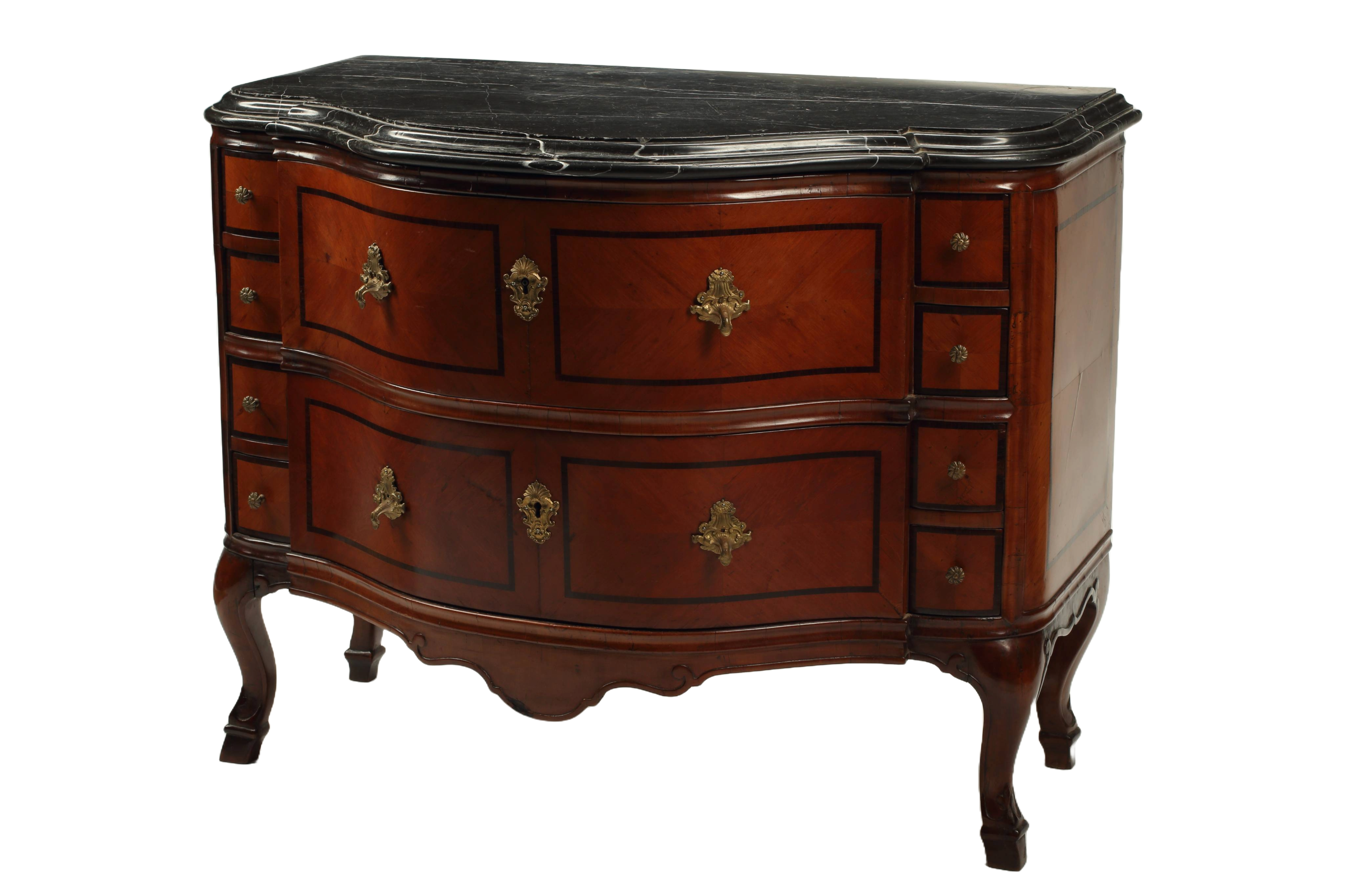 Chest of Drawers with Wood Inlay and Black Marble Top, 18th Century Swiss