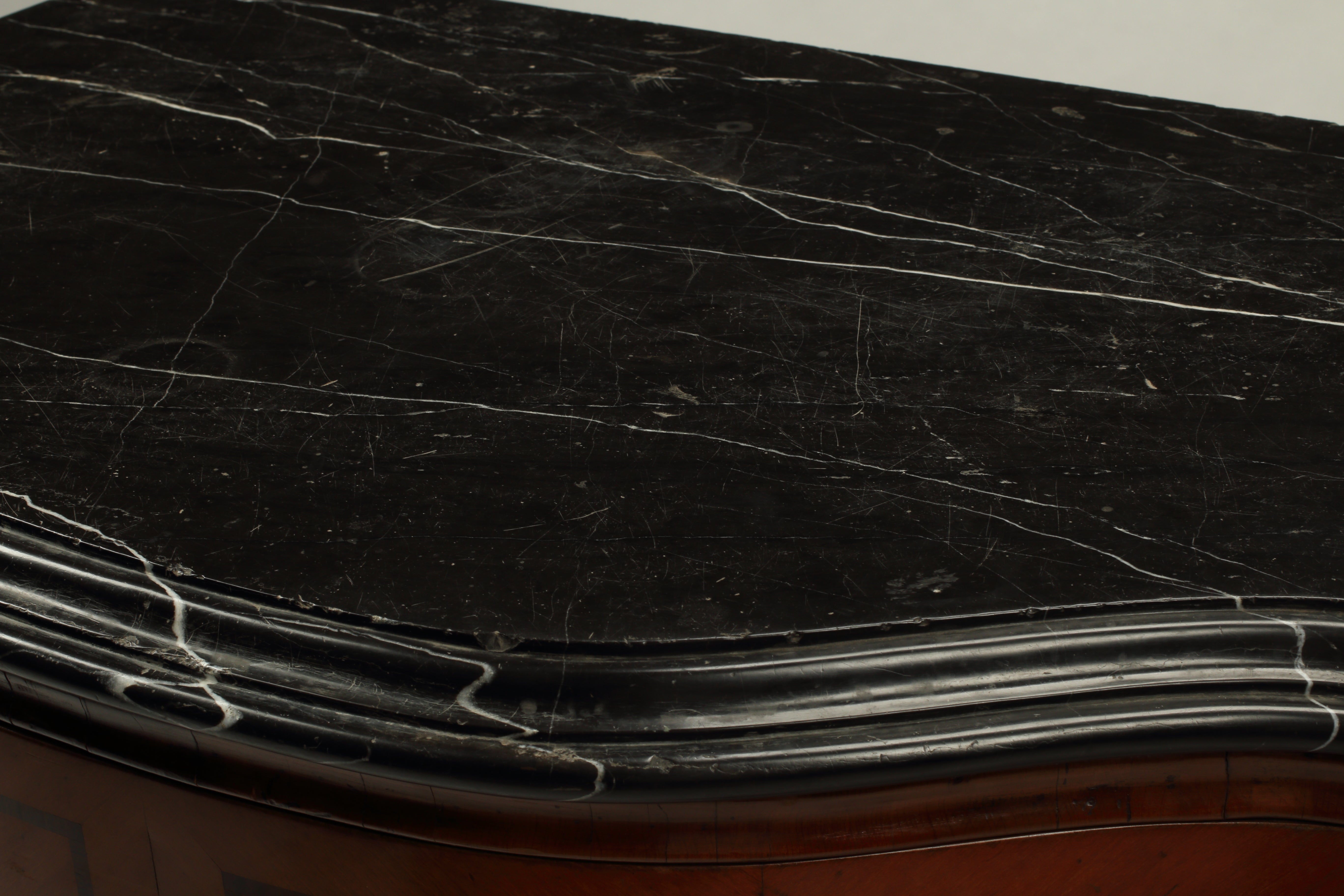 Chest of Drawers with Wood Inlay and Black Marble Top, 18th Century Swiss