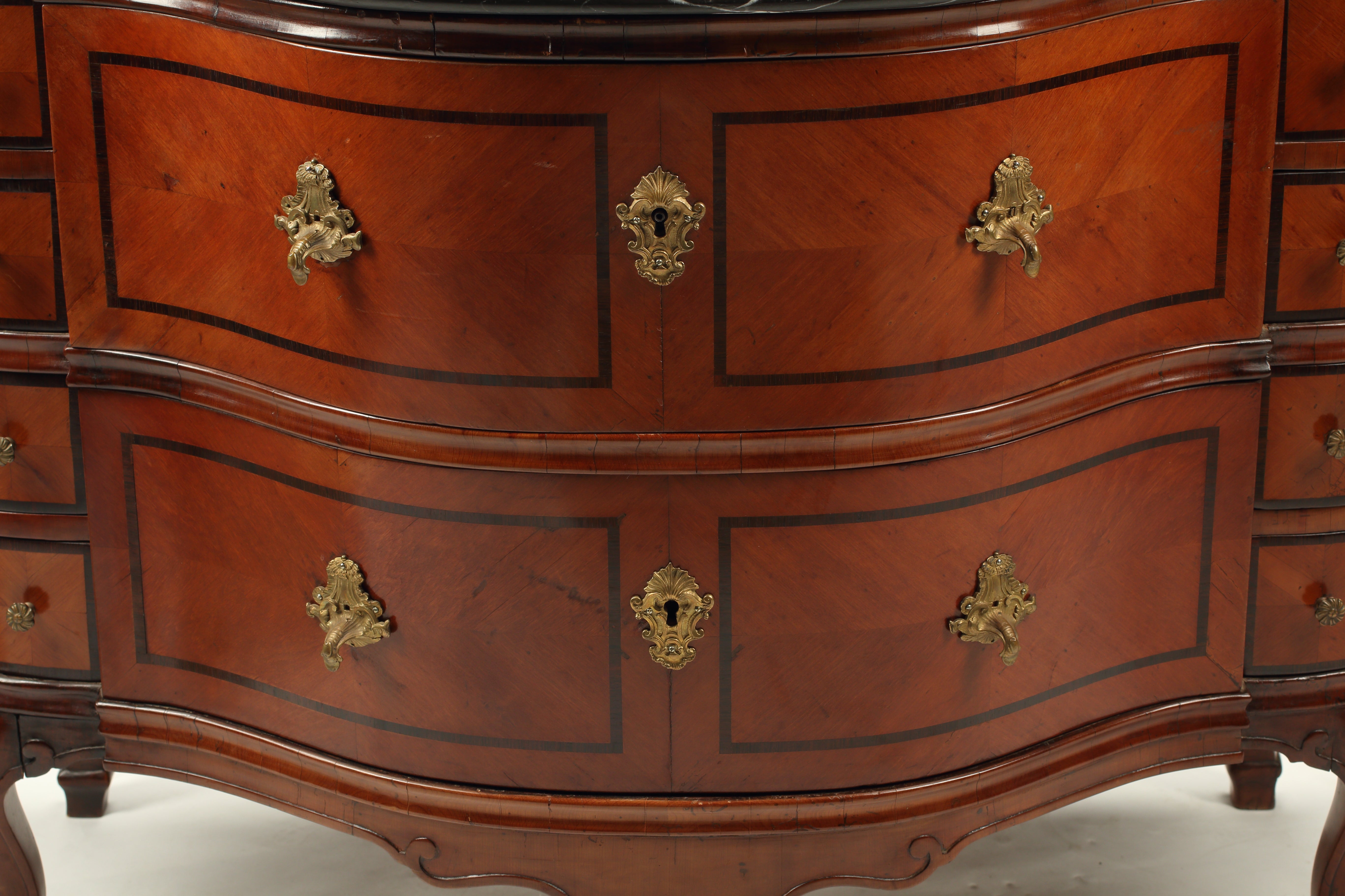 Chest of Drawers with Wood Inlay and Black Marble Top, 18th Century Swiss