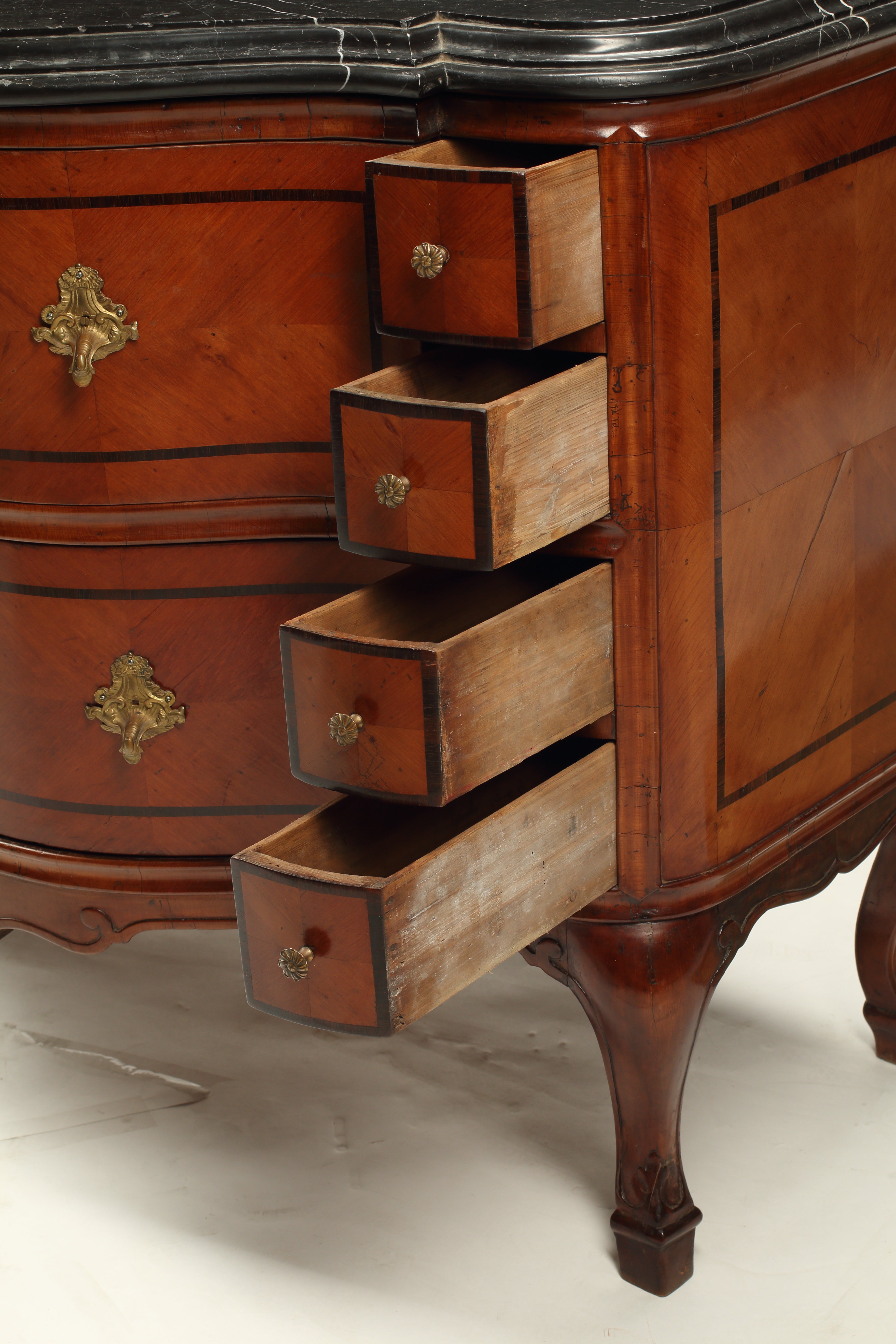 Chest of Drawers with Wood Inlay and Black Marble Top, 18th Century Swiss