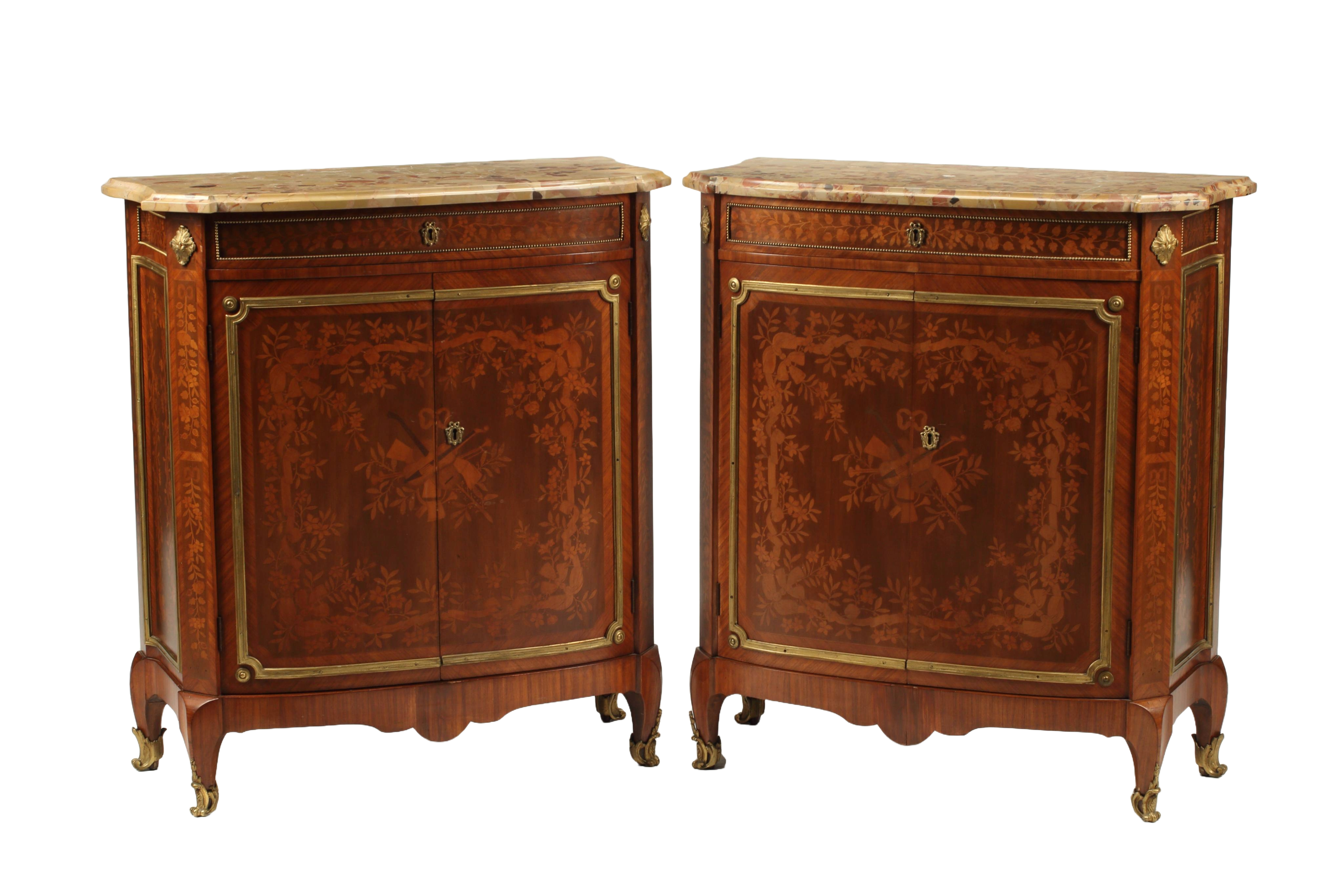 Pair of Marquetry Cabinets with Ormolu Bronze Mounts, French Late 19th Century