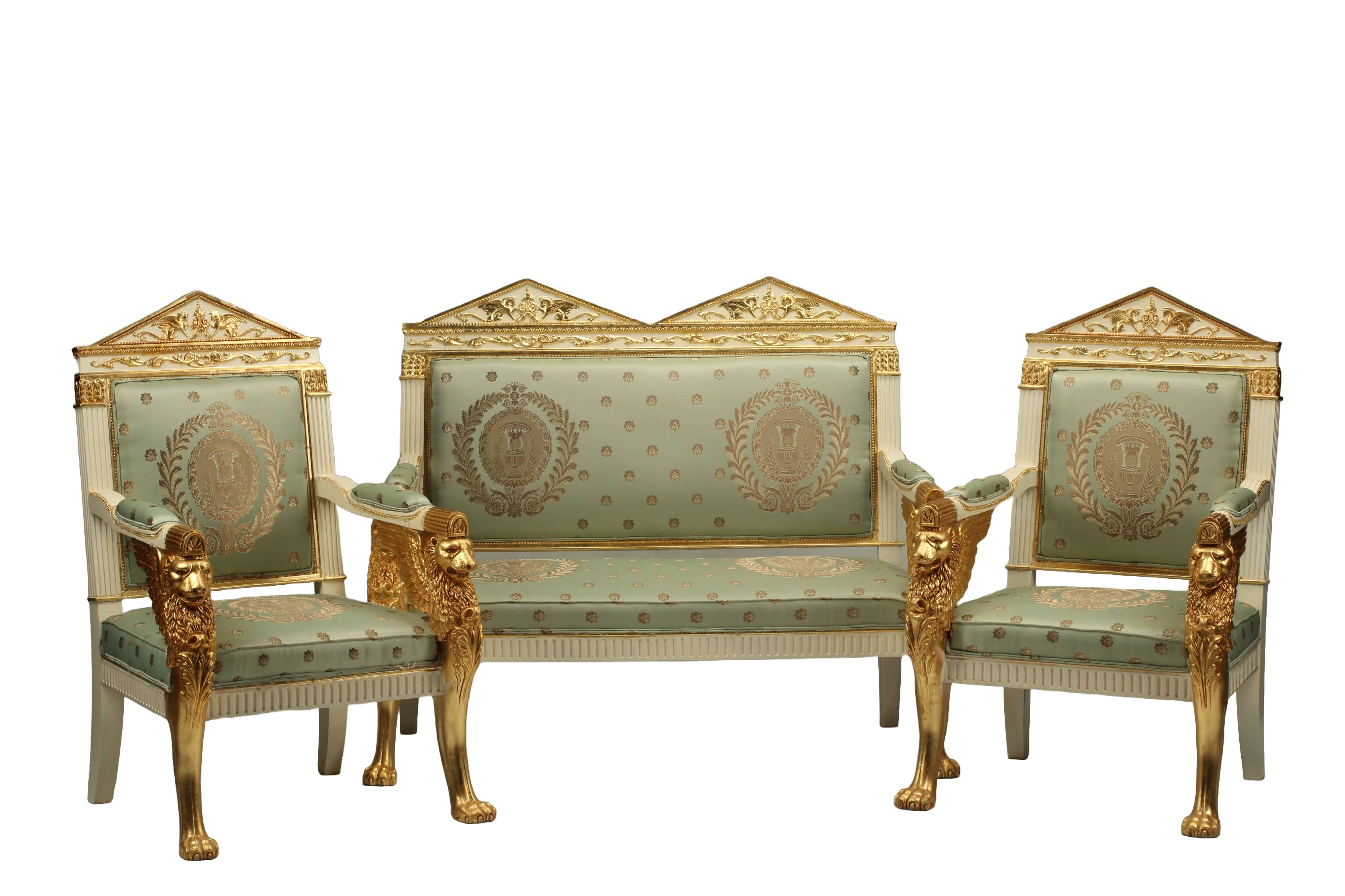 Empire Style Carved Wood and Gilded Armchair and Settee Suite