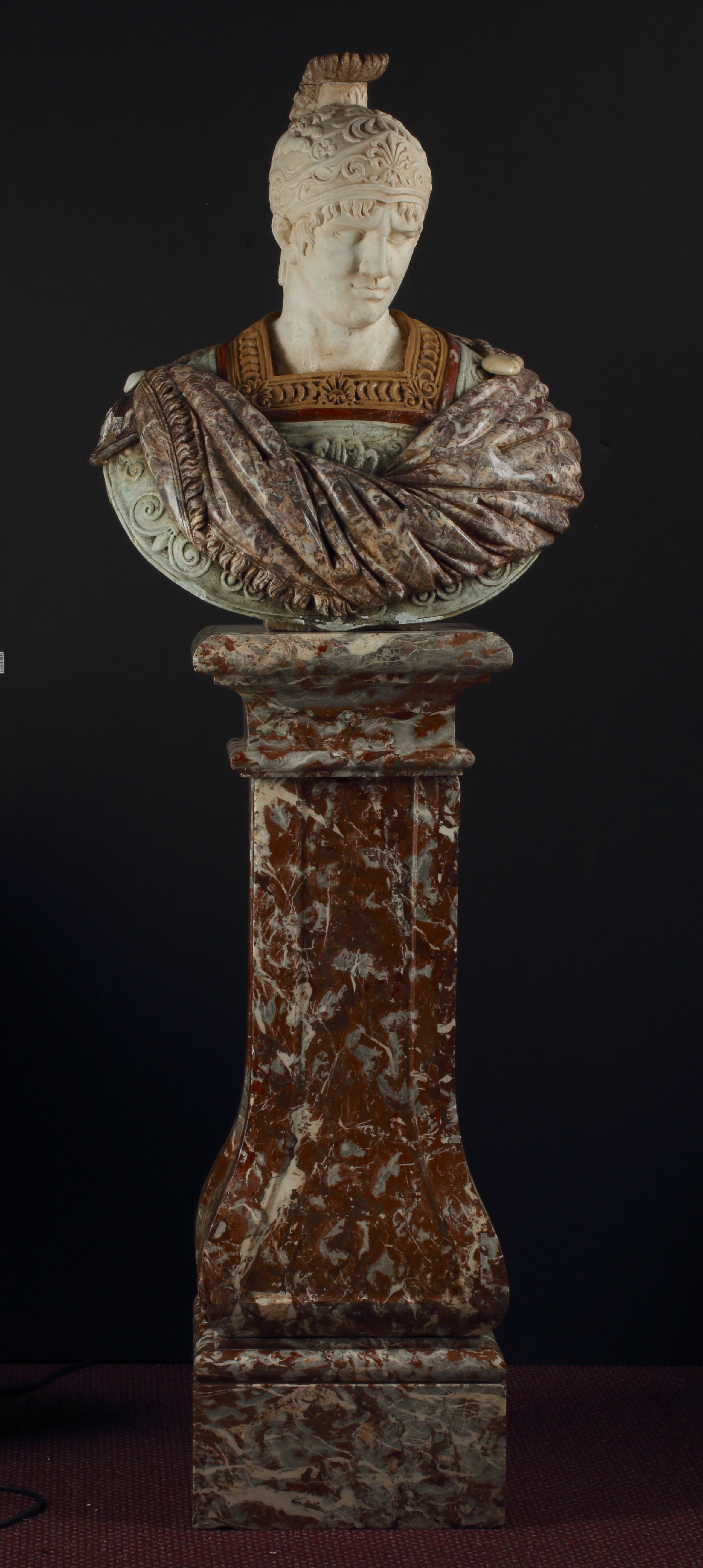 Multi-Colored Specimen Marble Bust on Pedestal After the Antique, Italian 19th Century