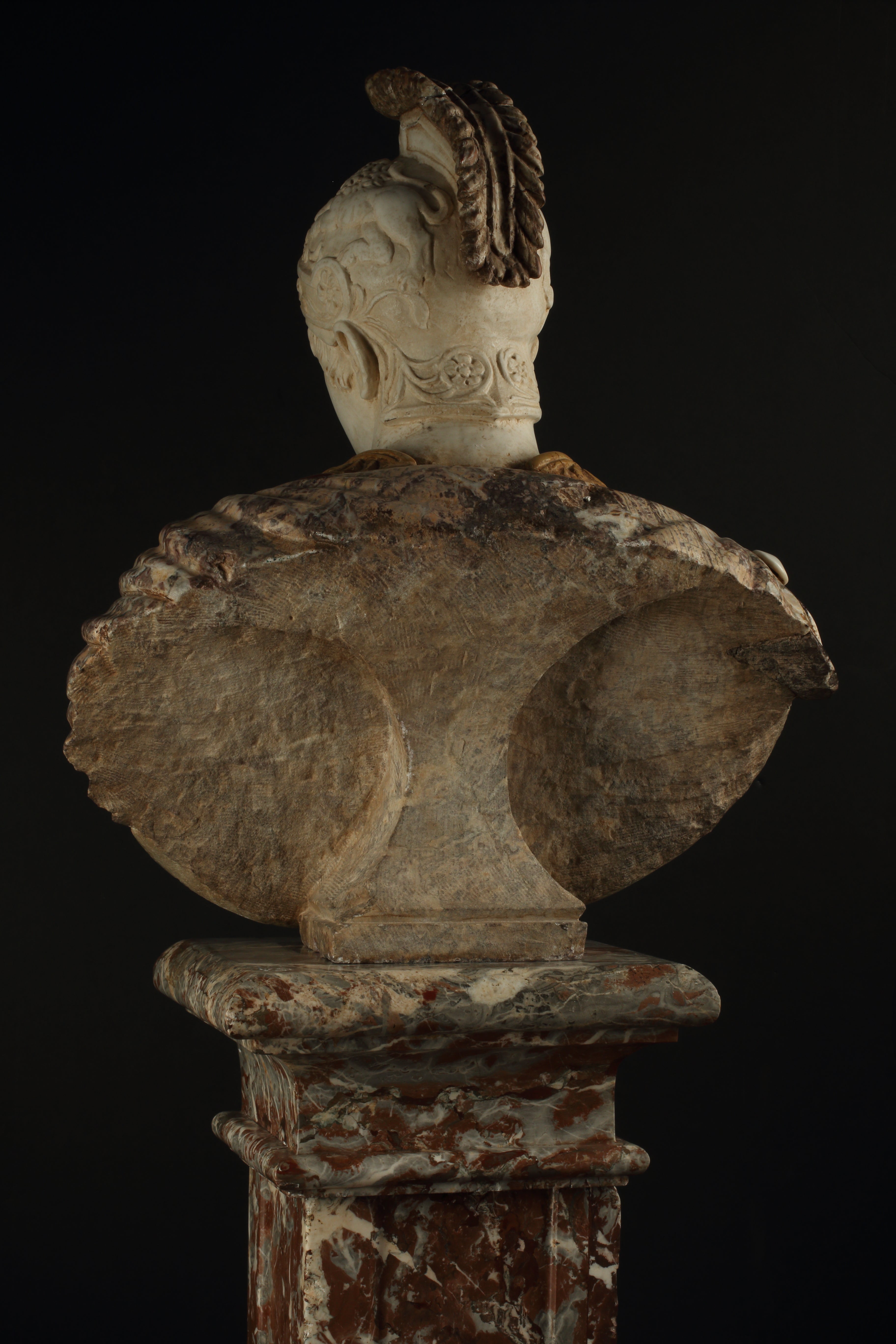 Multi-Colored Specimen Marble Bust on Pedestal After the Antique, Italian 19th Century