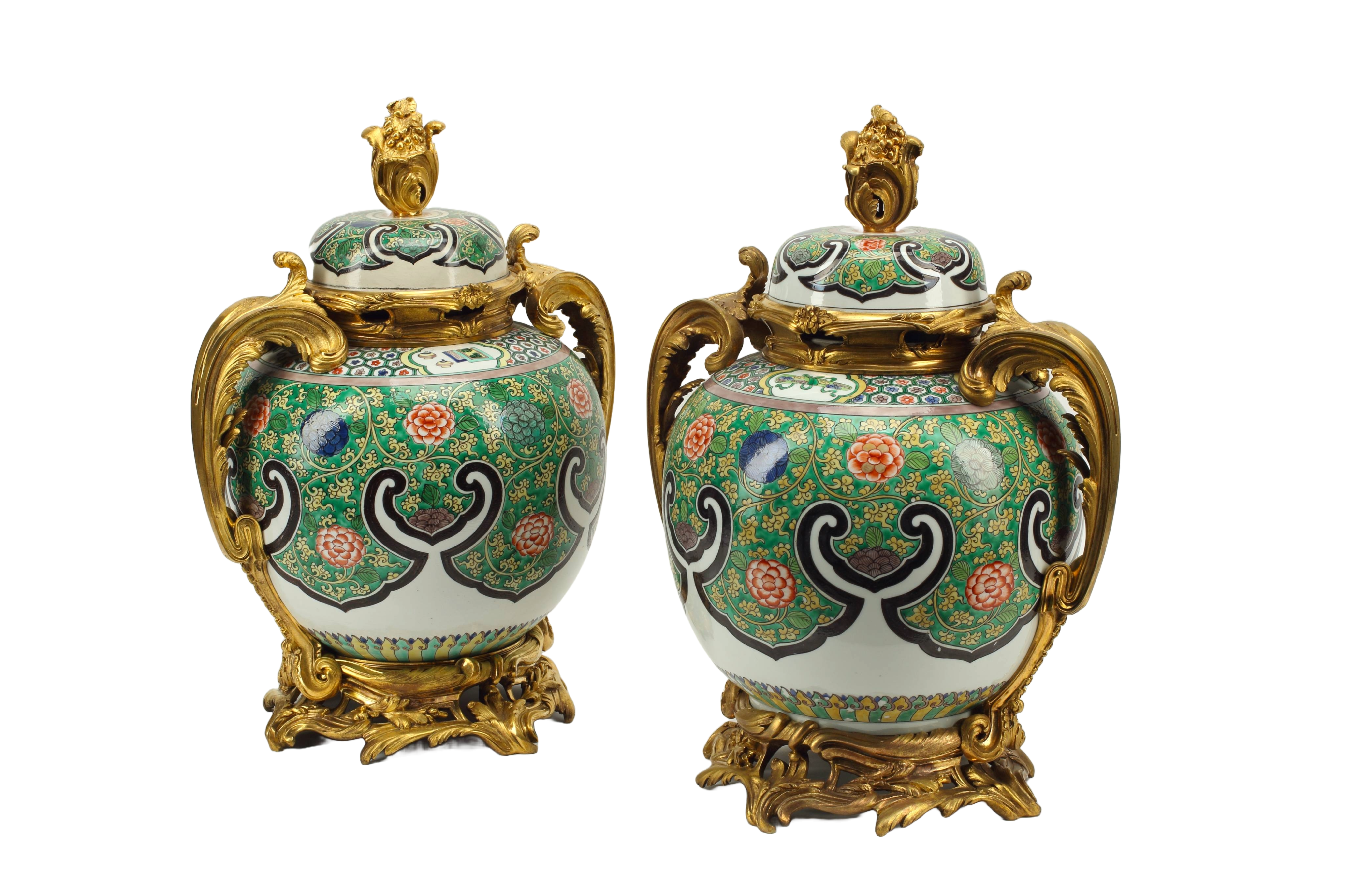 Pair of Samson Porcelain Urns with Ormolu Mounts, 19th Century French