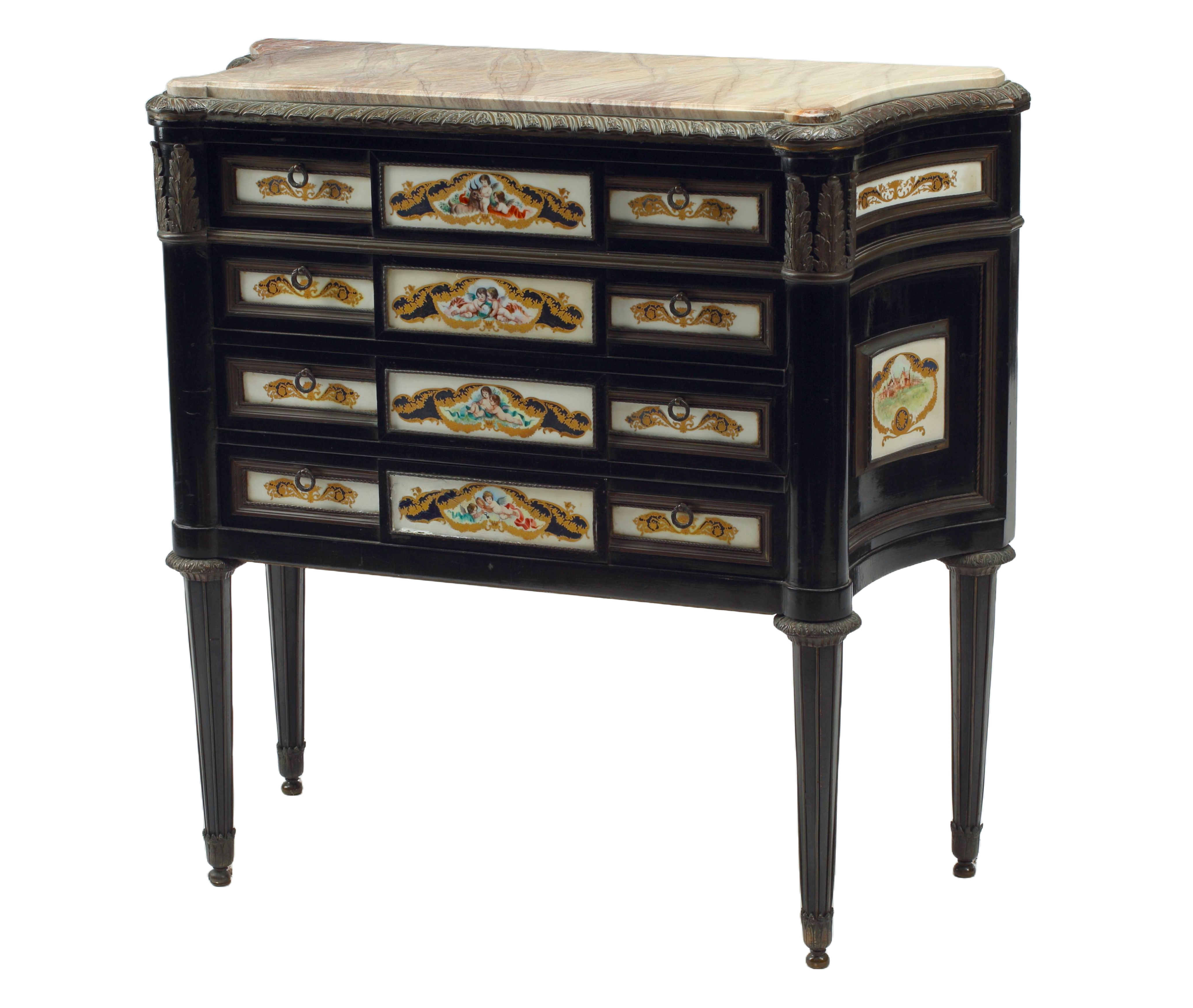 French Louis XVI Style Petite Commode with Bronze and Porcelain Mountings