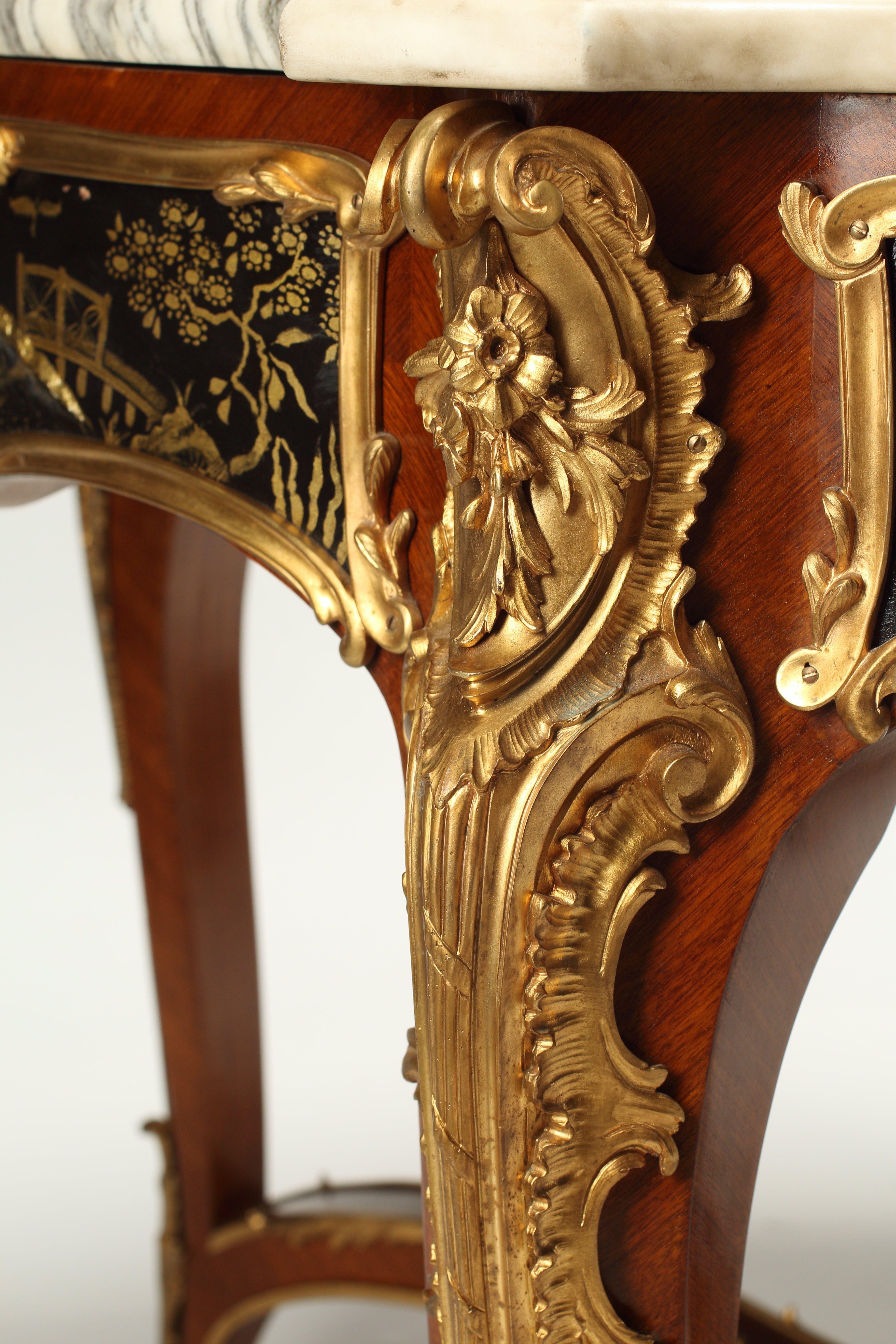 French Louis XV Style Black Japanned Lacquer Table with Dore Bronze Mounts and Marble Top