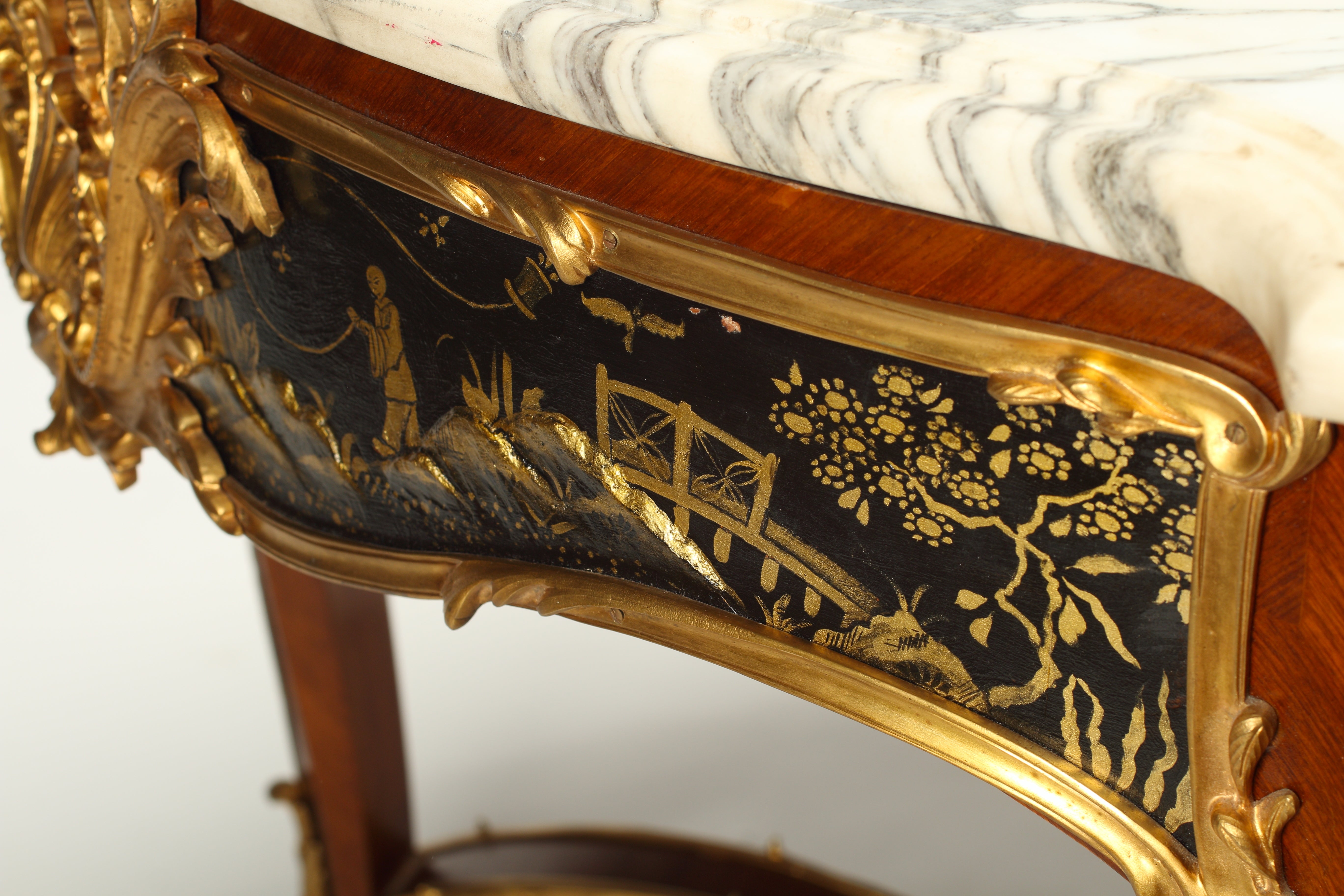 French Louis XV Style Black Japanned Lacquer Table with Dore Bronze Mounts and Marble Top