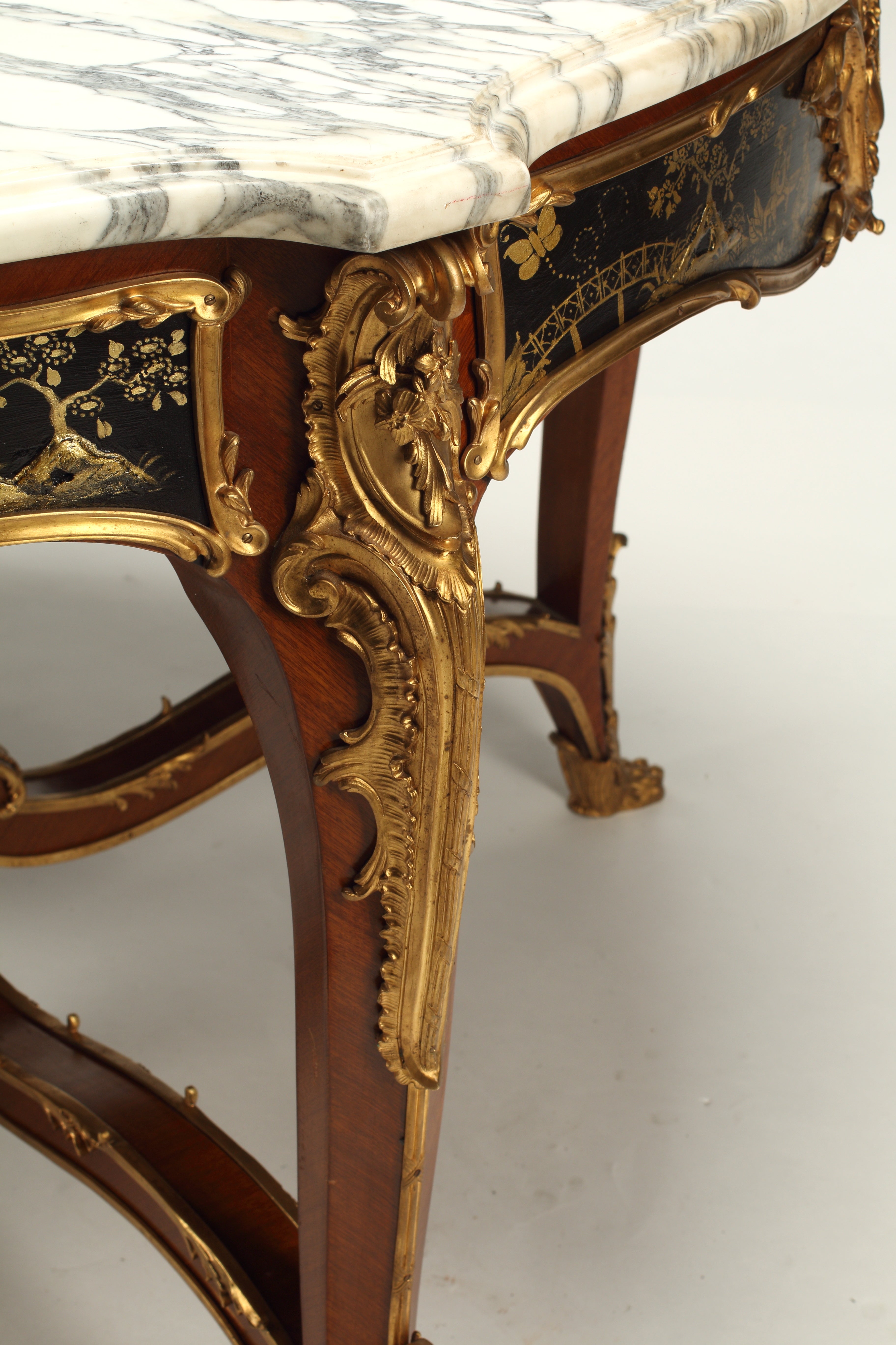 French Louis XV Style Black Japanned Lacquer Table with Dore Bronze Mounts and Marble Top