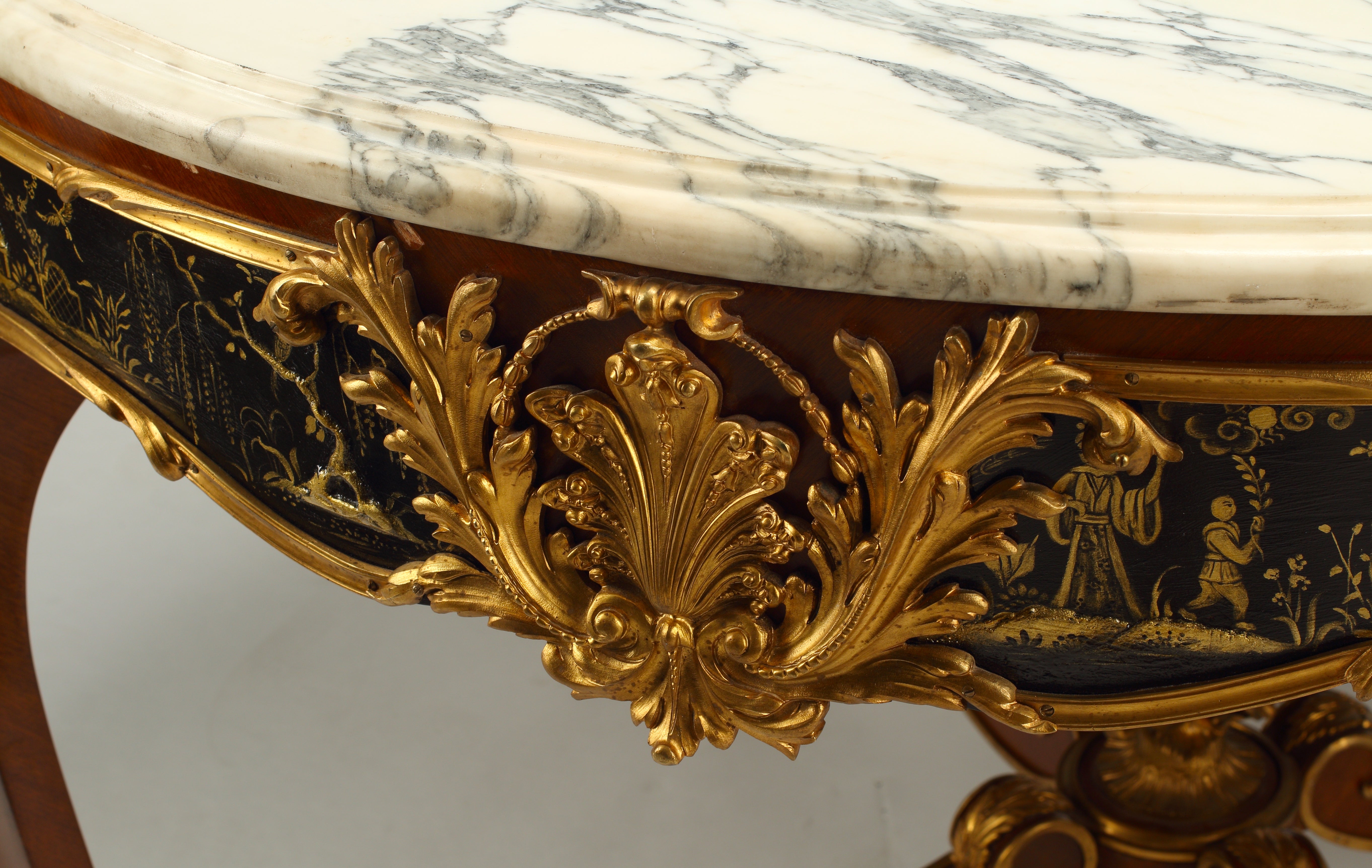 French Louis XV Style Black Japanned Lacquer Table with Dore Bronze Mounts and Marble Top