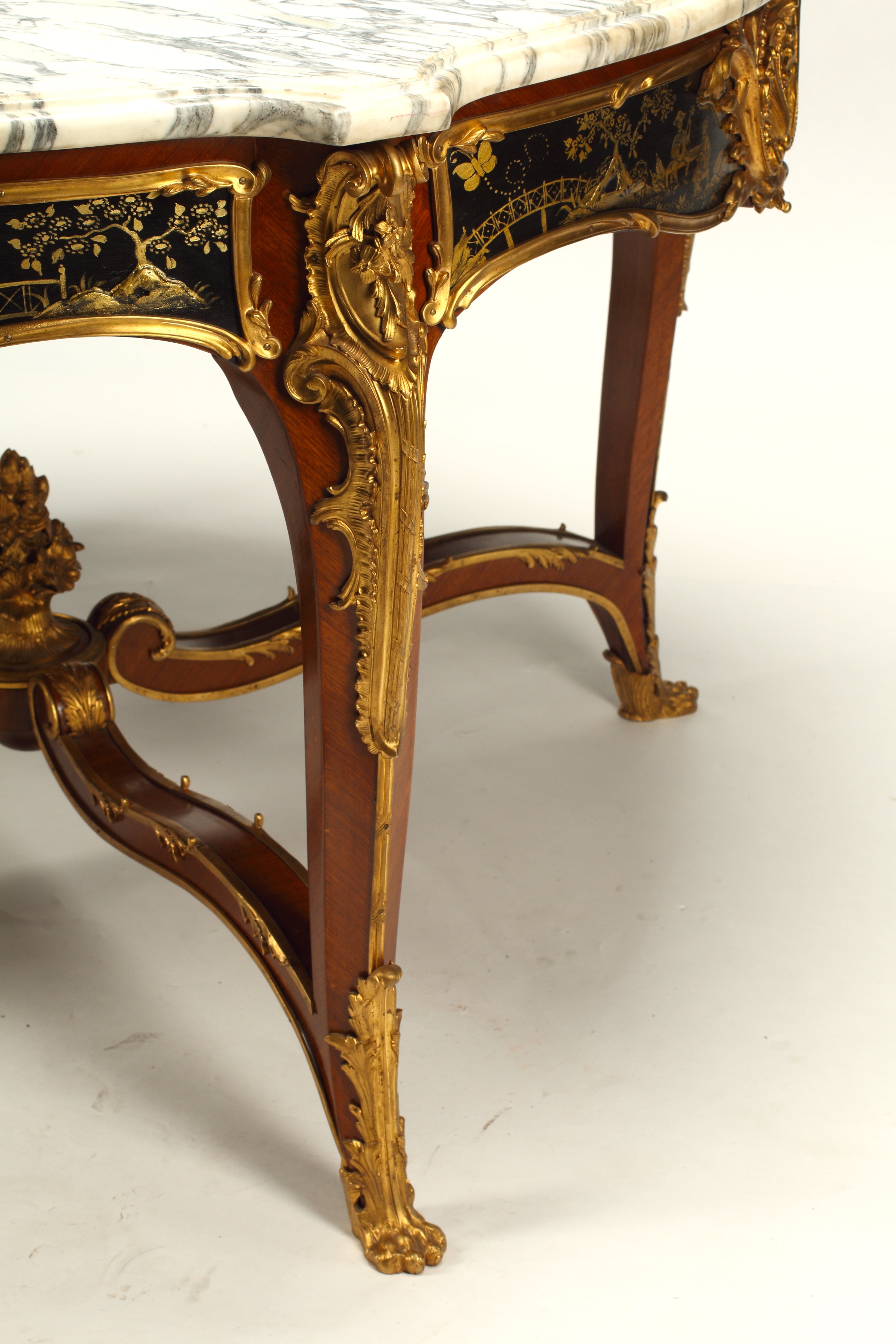 French Louis XV Style Black Japanned Lacquer Table with Dore Bronze Mounts and Marble Top