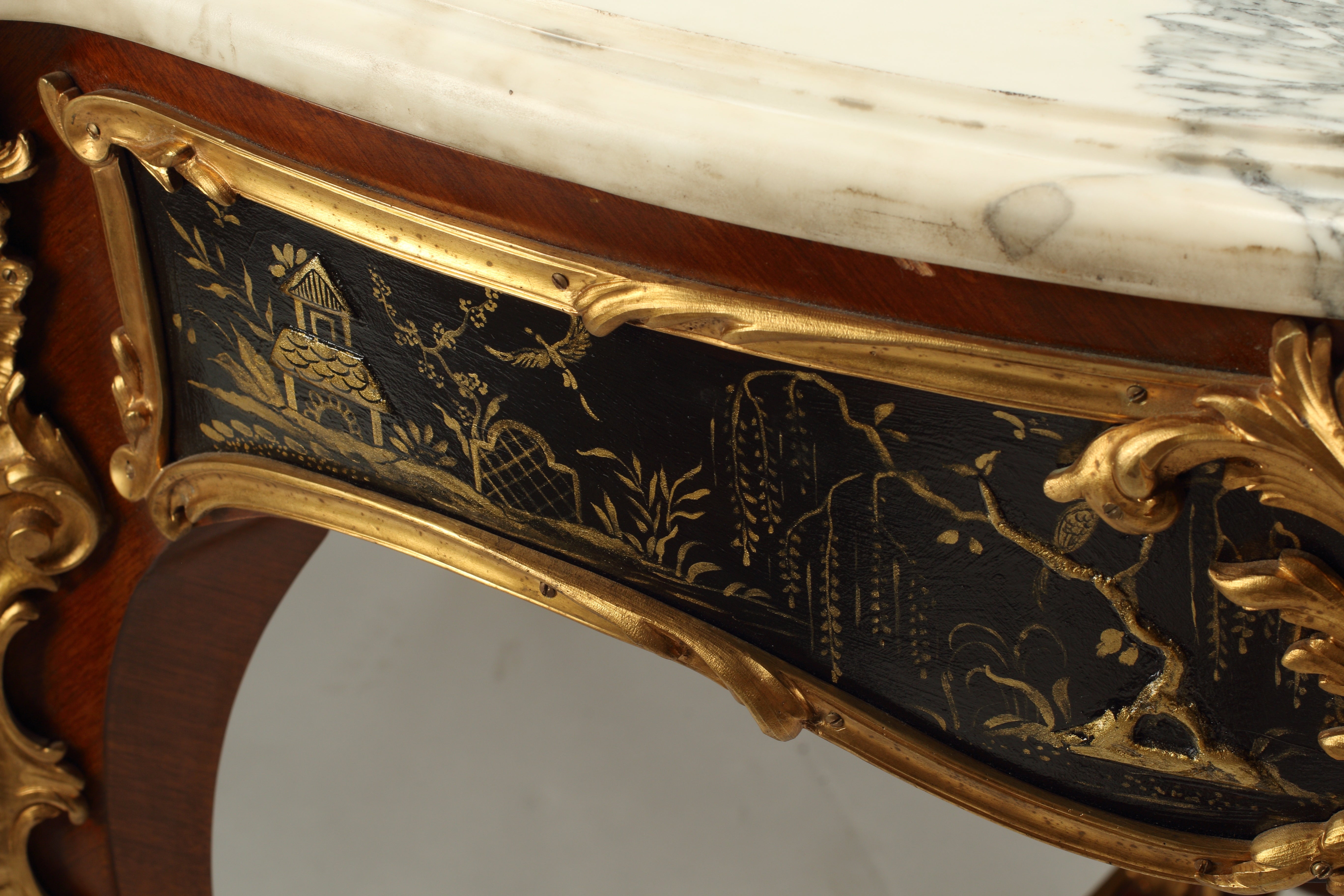 French Louis XV Style Black Japanned Lacquer Table with Dore Bronze Mounts and Marble Top