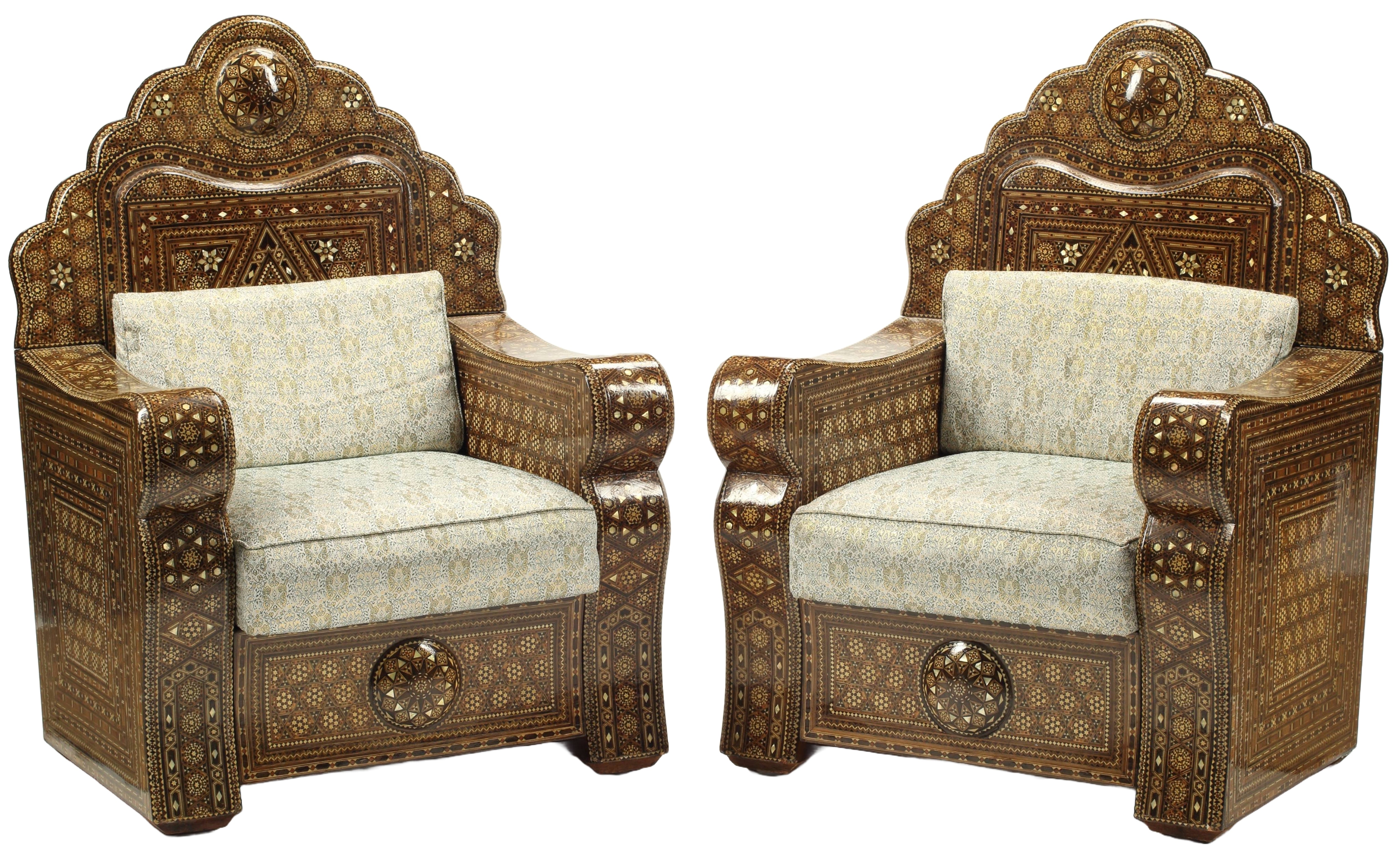 Pair of Moorish Style Inlaid Throne Chairs, 20th Century